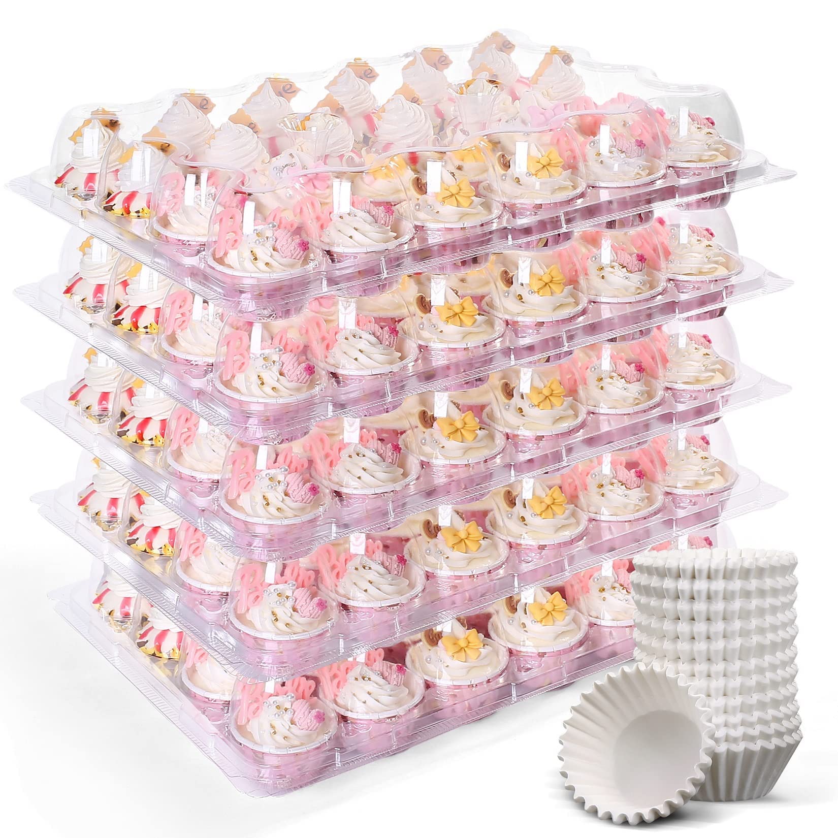 LotFancy (24 Count x 12 Sets) Mini Cupcake Containers with 288 Liners, Plastic Cupcake Boxes Holder, BPA Free, Clear Disposable 