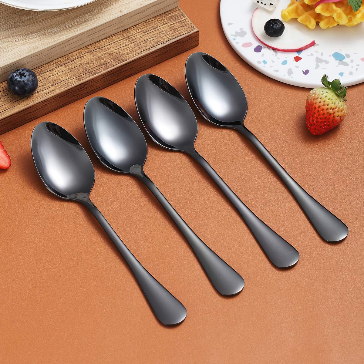 Black Dinner Spoon Of 4, Berglander 7.5'' Stainless Steel Titanium Plating Shiny Black Soup Spoons Silverware, Black Soup Spoon
