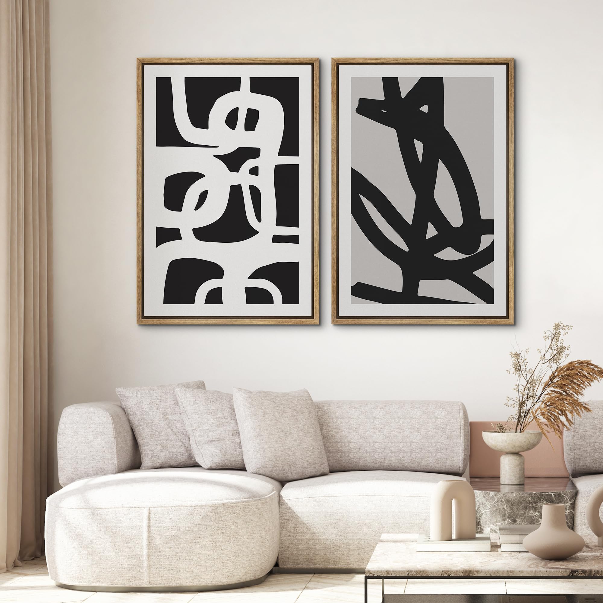 Signwin Framed Canvas Print Wall Art Set Black White Geometric Dark Ring Collage Abstract Shapes Illustrations Modern Art Minima