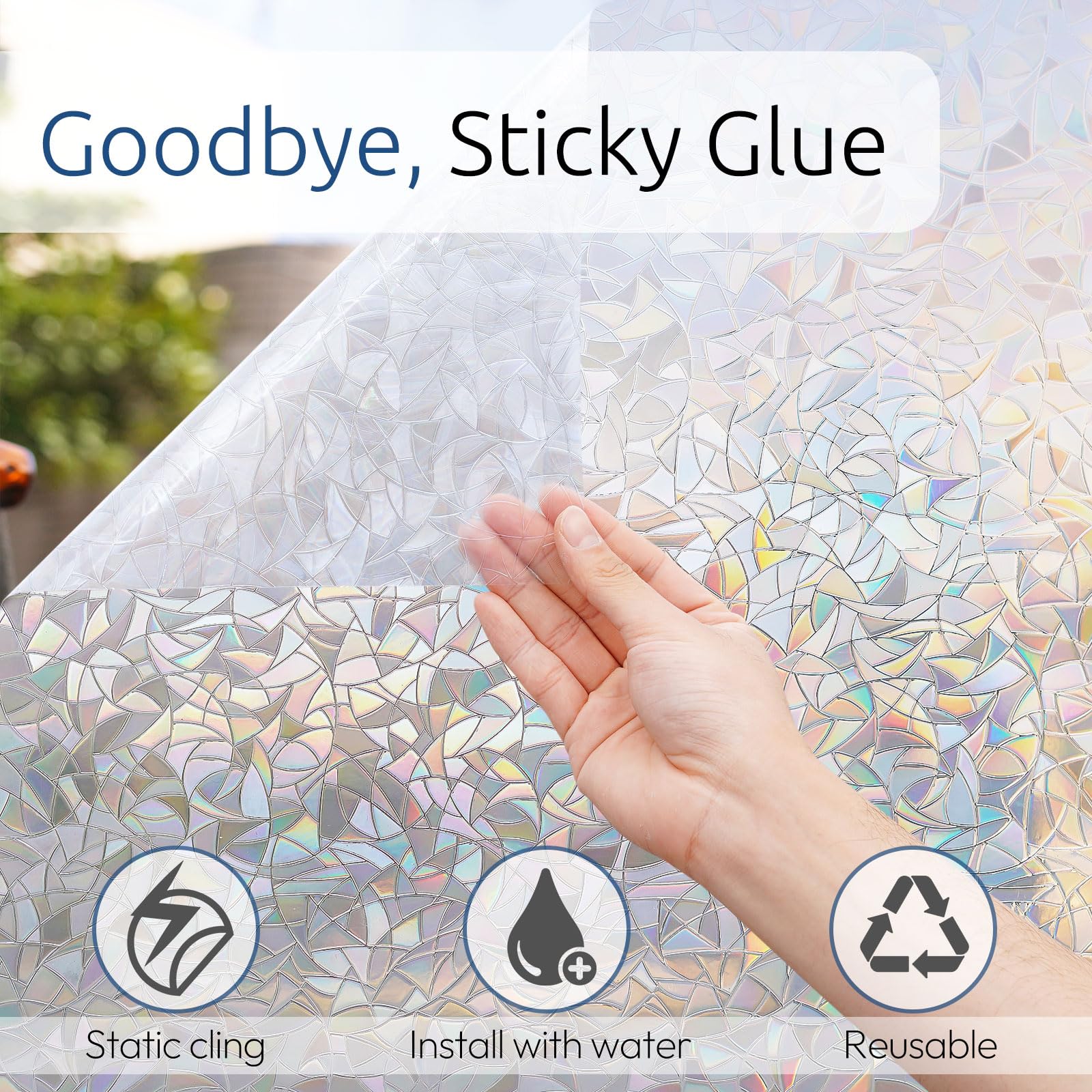 rabbitgoo Window Privacy Film - 3D Kaleidoscope Vinyl Clings, 23.6" x 157.4", Non-Adhesive Stained Glass Static Cling Decals
