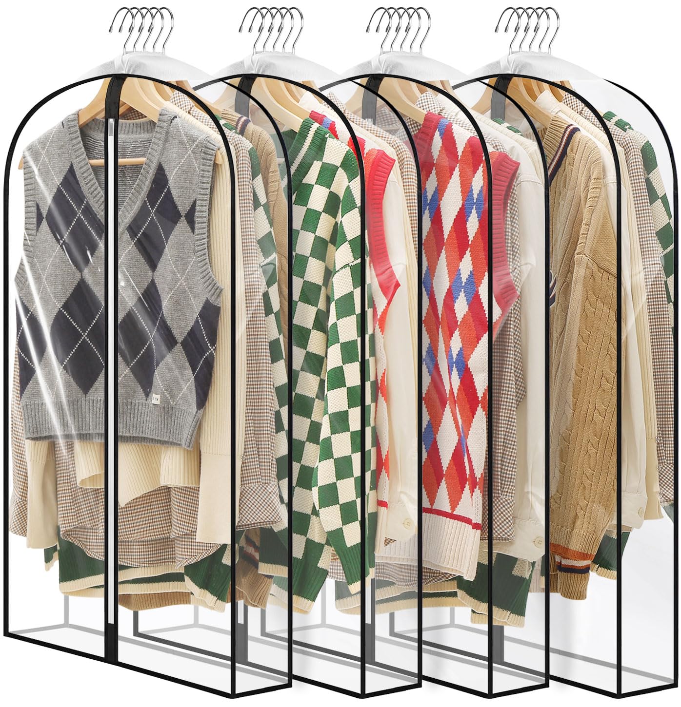 Perber 40'' All Clear Garment Bags For Hanging Clothes, 4'' Gusseted Suit Bags For Closet Storage, Plastic Garment Covers With Z