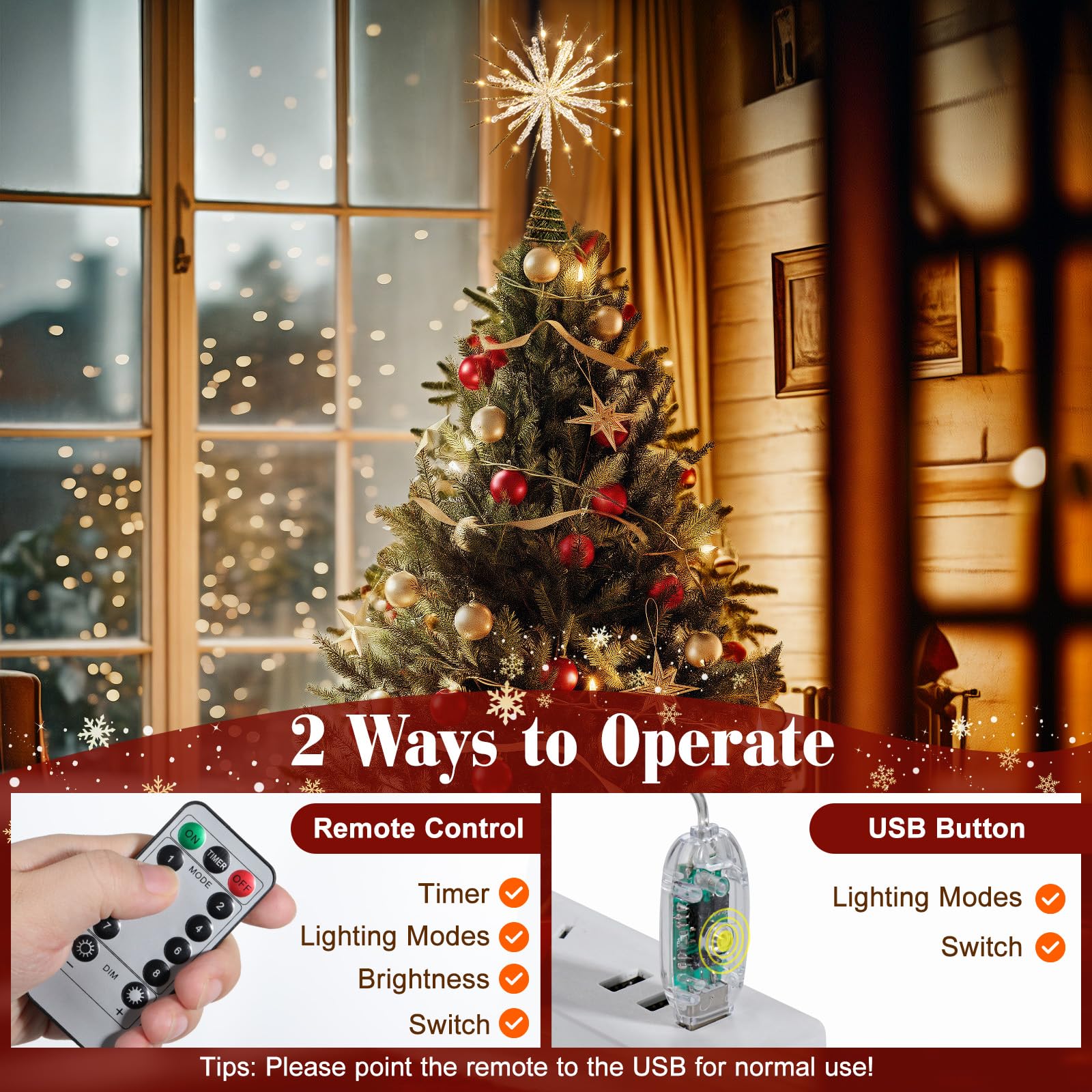 Lewondr Christmas Snowflake Tree Topper, 12.2 in 30 LED Xmas Tree Topper with Glittered Epoxy, Remote & USB Powered Snowflake Tr