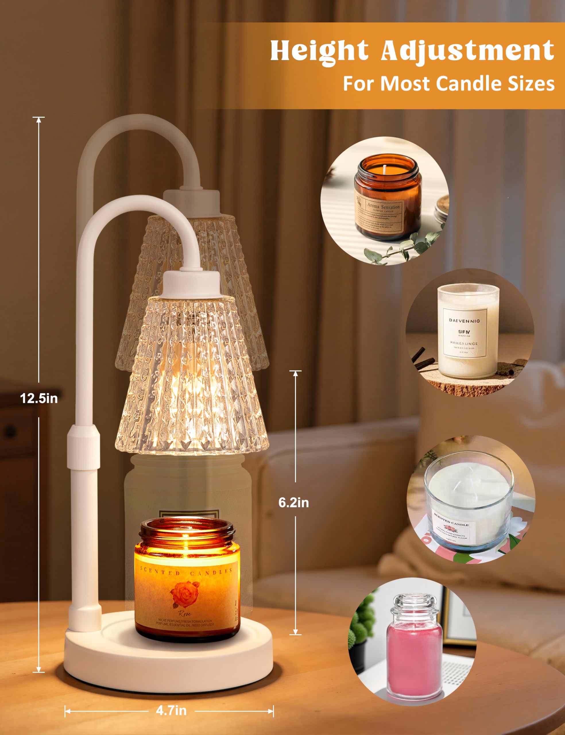 Innqoo White Crystal Candle Warmer Lamp with Timer, Dimmable Candle Warmer for Jar Candles, Height Adjustable Wax Melts Warmer,