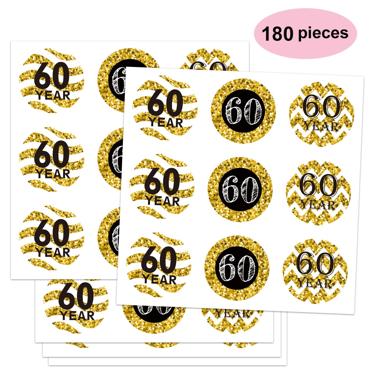 180 Pack 60Th Birthday Party Favor Labels, Chocolate Drops Labels Stickers For 60Th Birthday Or Anniversary, Black And Gold 60Th