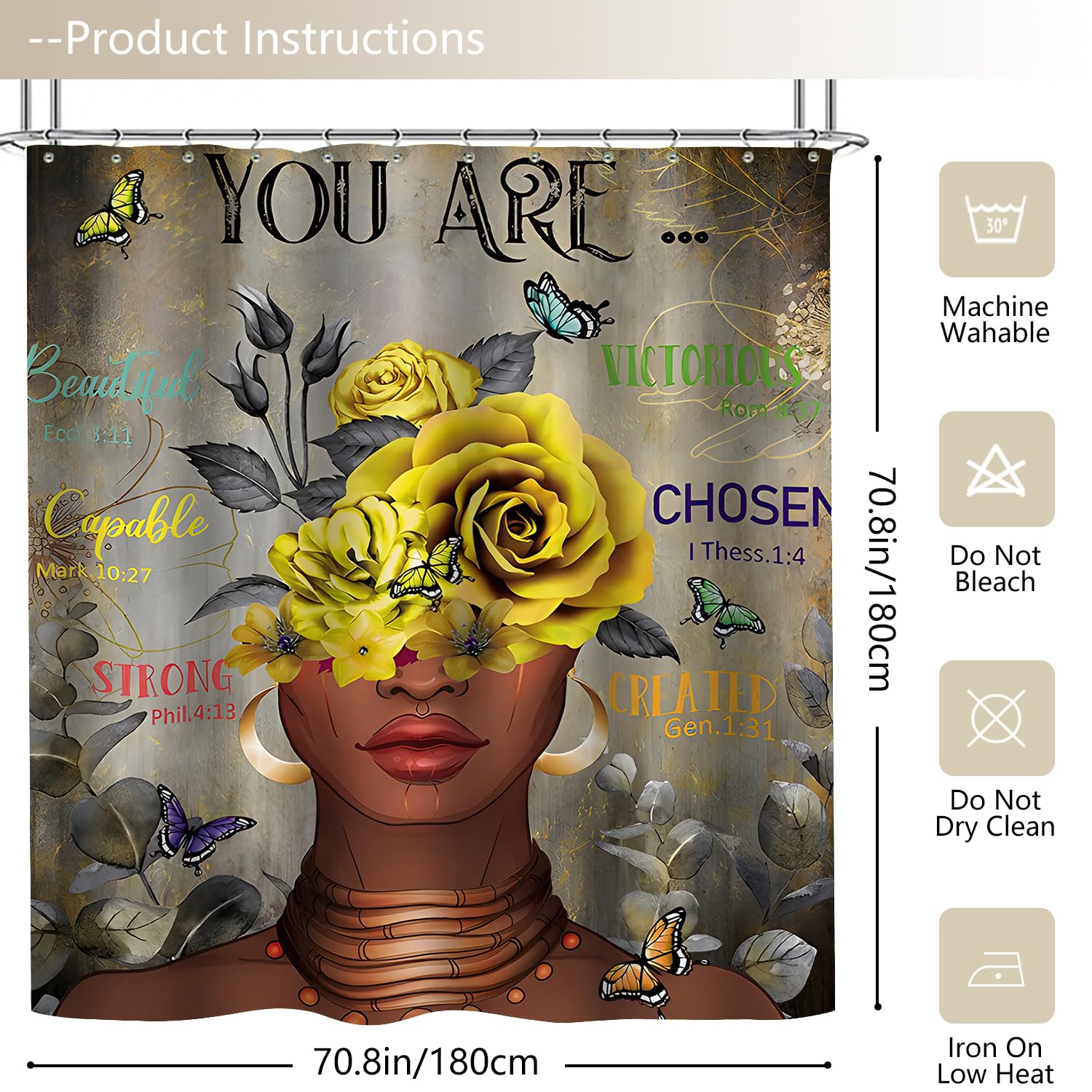 African Woman Shower Curtain Afro American Black Girl Fabric Shower Curtain Rose Gold Shower Curtains Inspirational Quotes Water