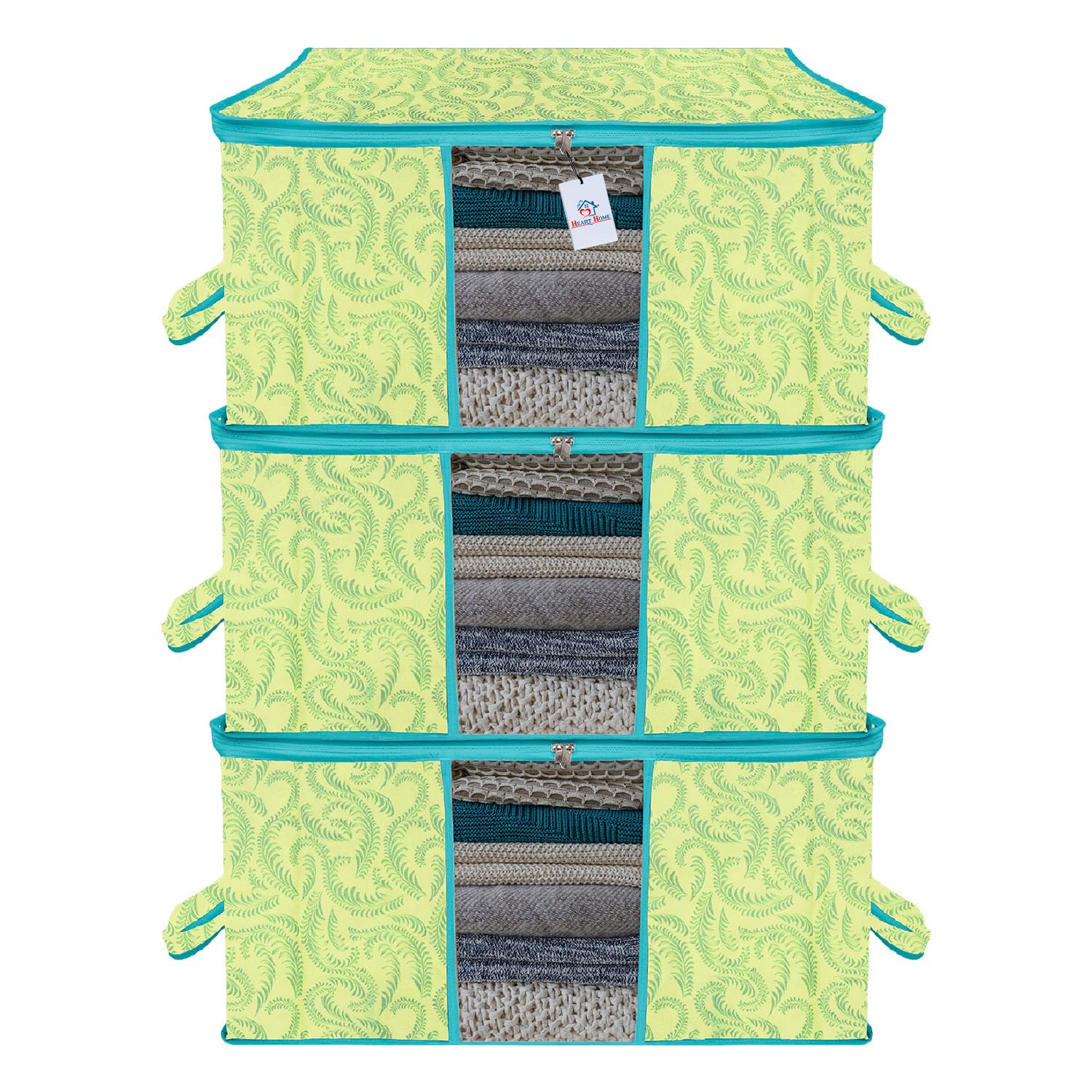 Heart Home Underbed Storage Bag|NonWoven Leaf Print Blanket Cover|Razai Cover|Duvet Cover Transparent Window & Handle|Large|Pac