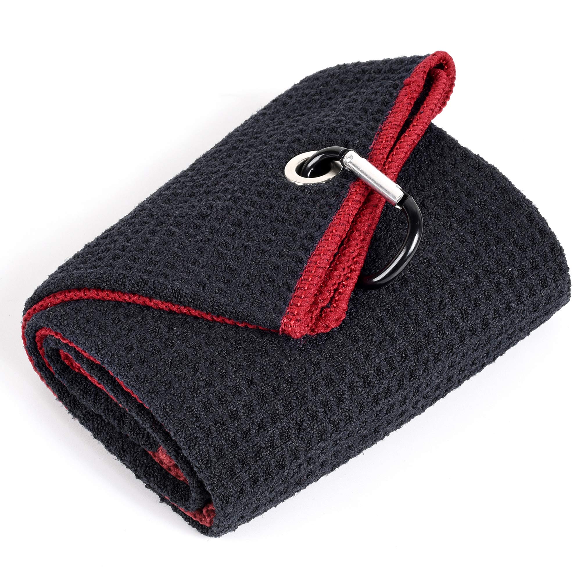Mile High Life Tri-Fold Golf Towel | Premium Microfiber Fabric | Waffle Pattern | Heavy Duty Carabiner Clip (Black/Red)