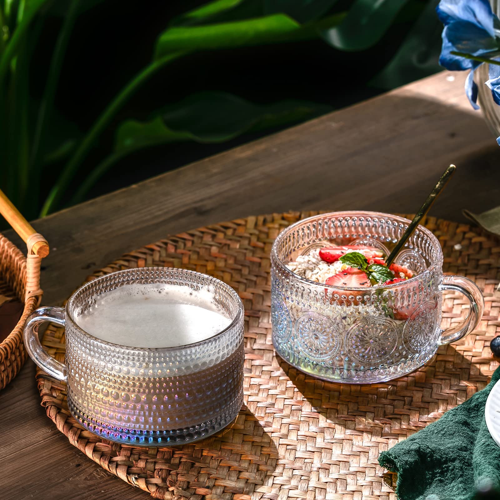 Gezzeny Vintage Glass Coffee Mugs 14 Oz Set Of 2 Iridescent Embossed, Tea Cups,Glass Coffee Cups For Cappuccino, Latte,Cereal, Y