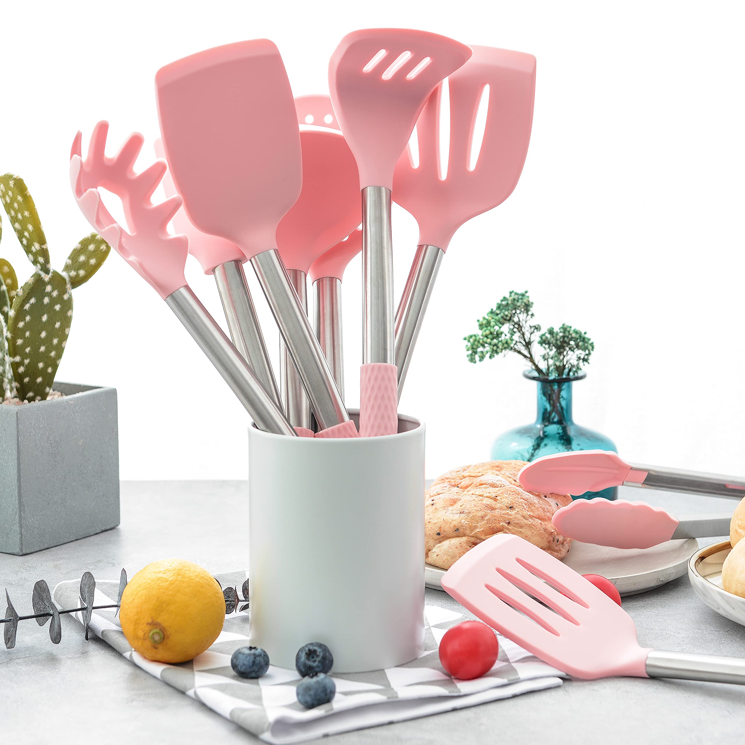 Rorence Kitchen Utensil Cooking Utensil Set for Baking Mixing: 12 Pieces Kitchen Gadgets Non-Stick & Heat Resistance Silicon and Stainless Steel Handles (Utensil Holder Not Included) - Pink