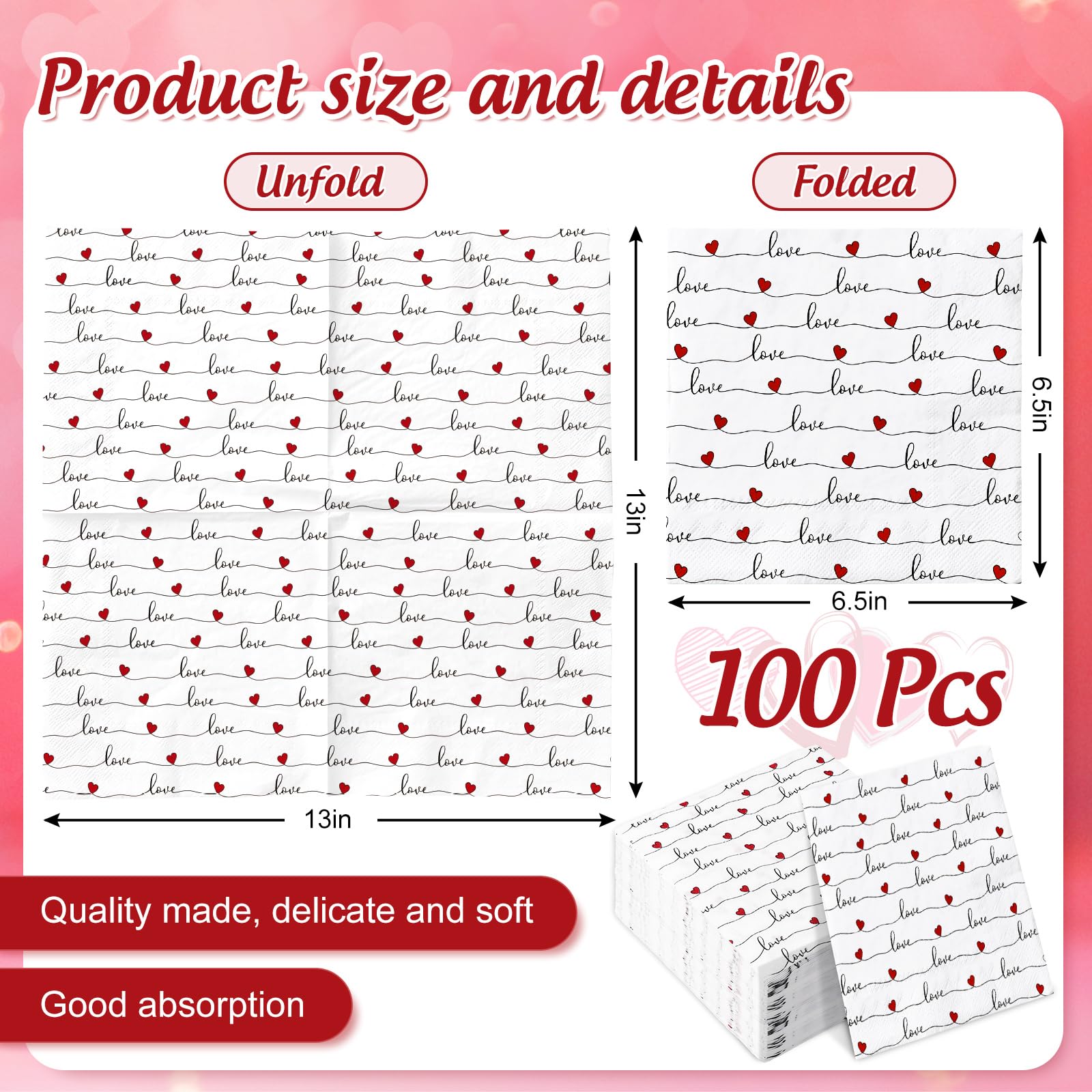 Anydesign 100Pcs Valentine'S Day Paper Napkins Love Hearts Disposable Luncheon Napkins Dessert Dinner Hand Napkin For Wedding Br
