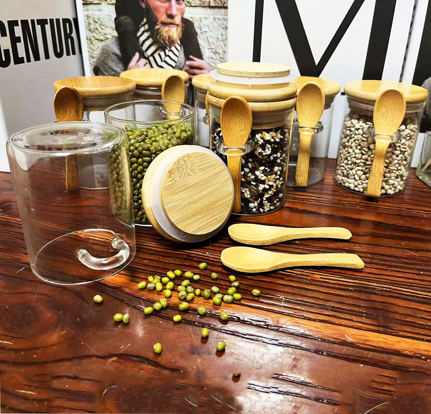 Livejun 8 oz Airtight Mini Glass Jars with Bamboo Lids and Bamboo Spoons  Spice Jars Small Food Storage Containers for Kitchen  Bathroom  Home Decor Set of 8