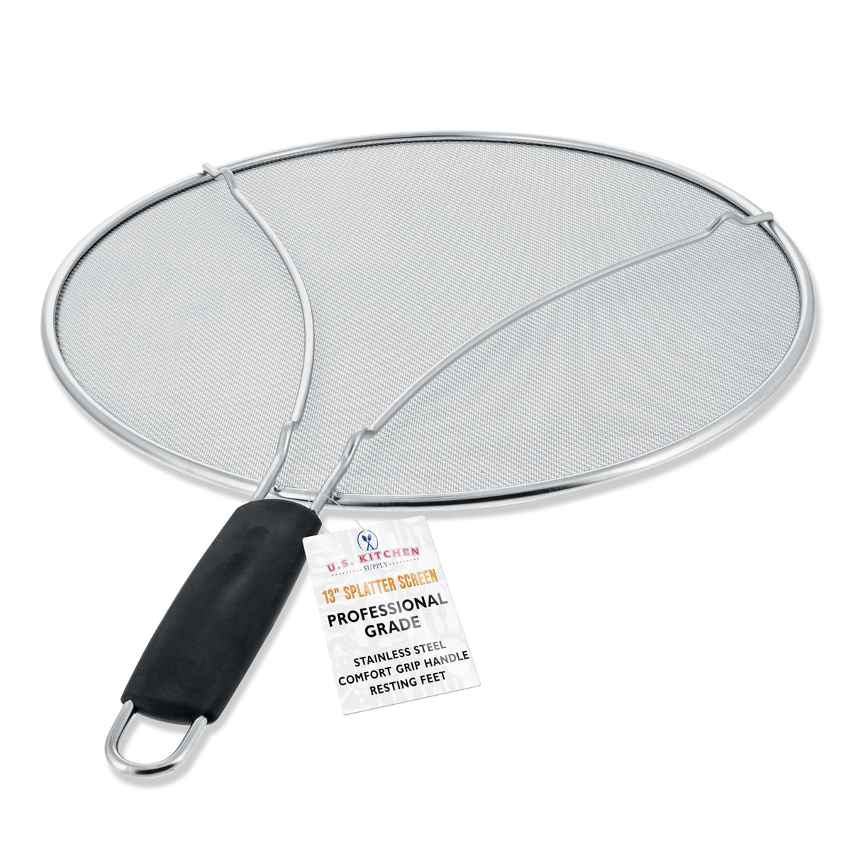 U.S. Kitchen Supply 13 Stainless Steel Fine Mesh Splatter Screen With Resting Feet & Black Comfort Grip Handle
