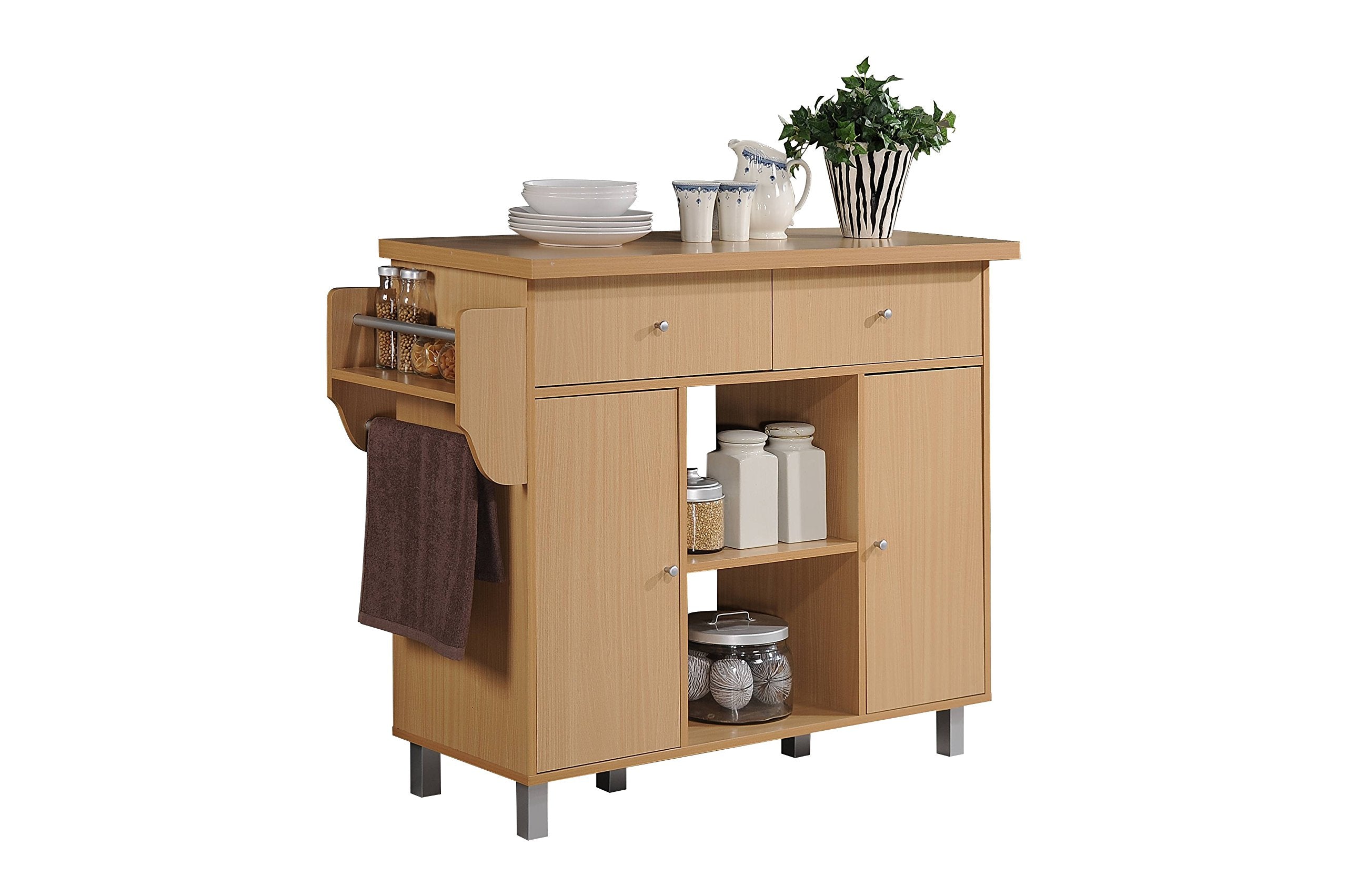 Hodedah Kitchen Island with Spice Rack plus Towel Holder in Beech