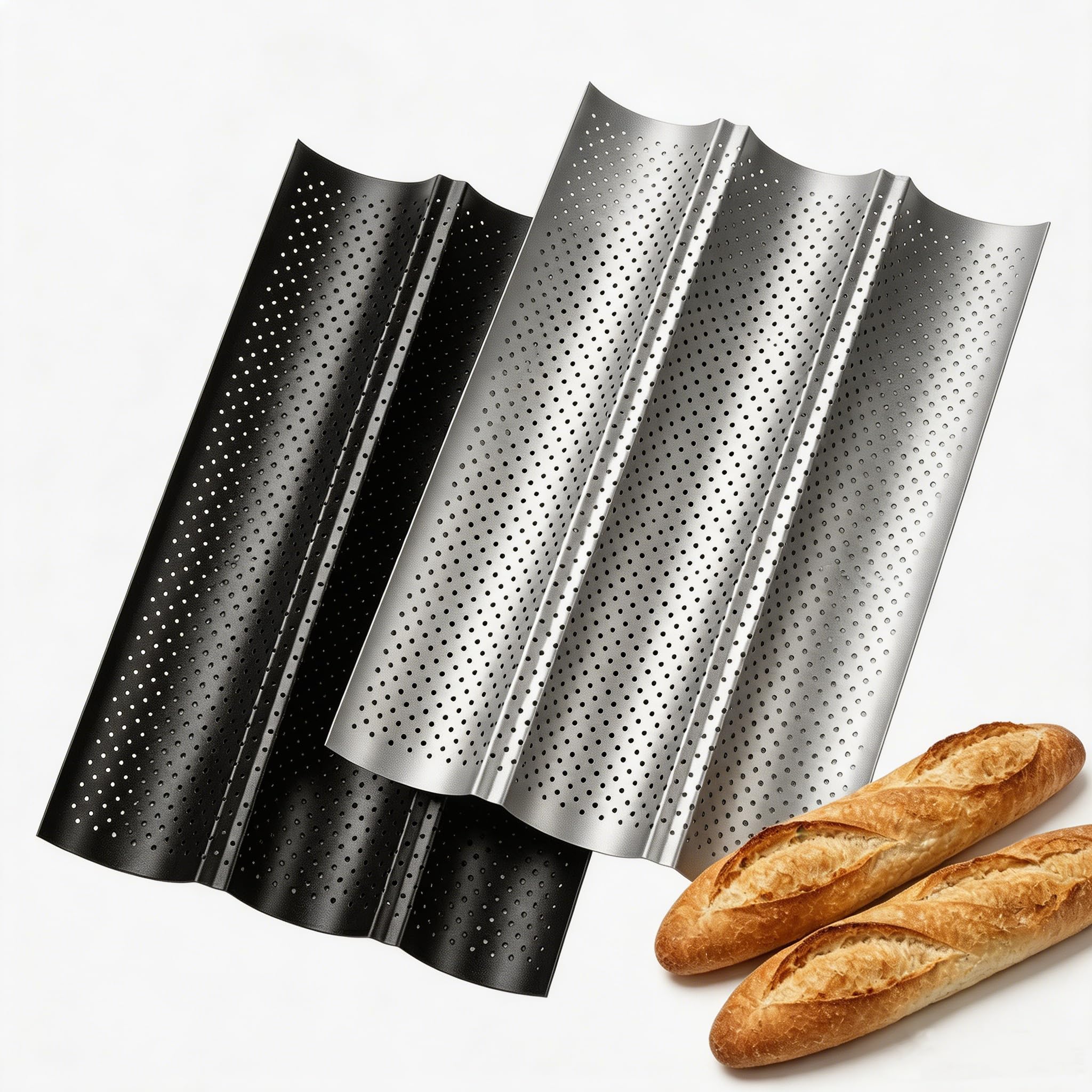 XIyMaoy Baguette Bread Pan 2 Pack, Perforated French Bread Baking Pan, Nonstick Carbon Steel Baguette Baking Tray Set, 3Loaf Ea