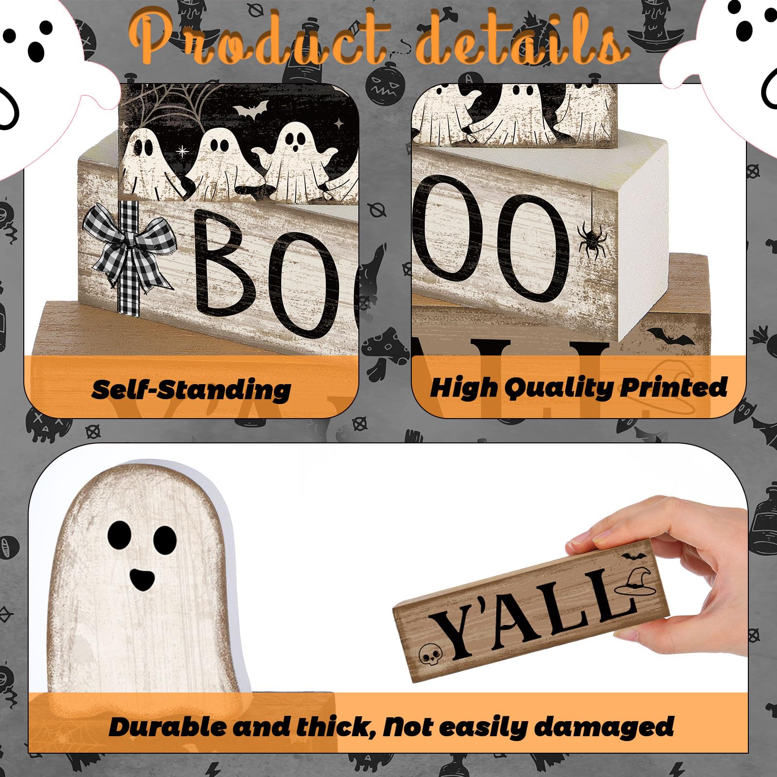 Lineshading 4 Pcs Halloween Table Decoration Wooden Ghost Tiered Tray Decoration Rustic Wood Ghost Block Signs Gift Halloween Ce
