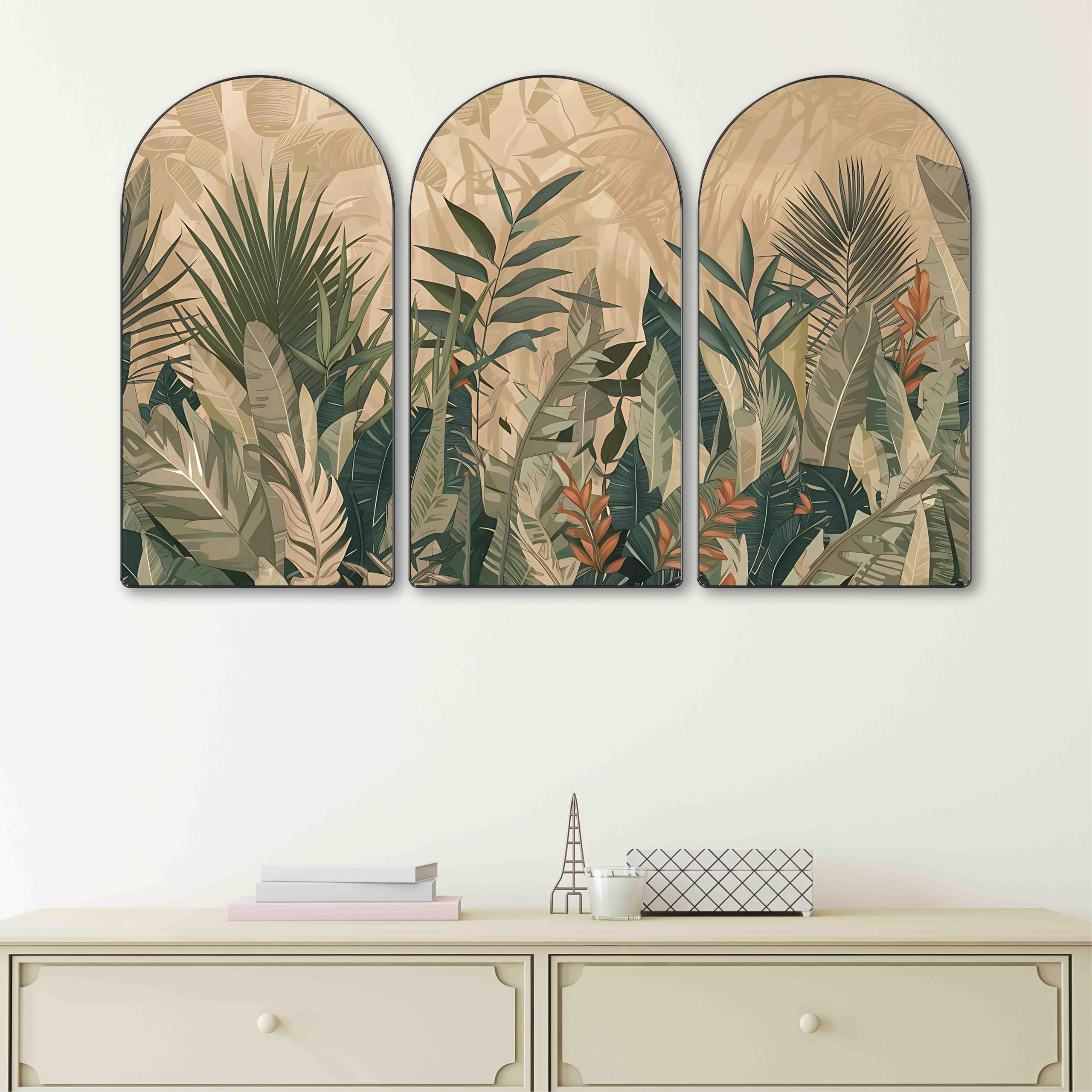 LivinLuxe Tropical Green Leaf Wall Painting | Modern Botanical Triptych Art On Mdf | Set Of 3 Panels Jungle Theme Wall Dcor For