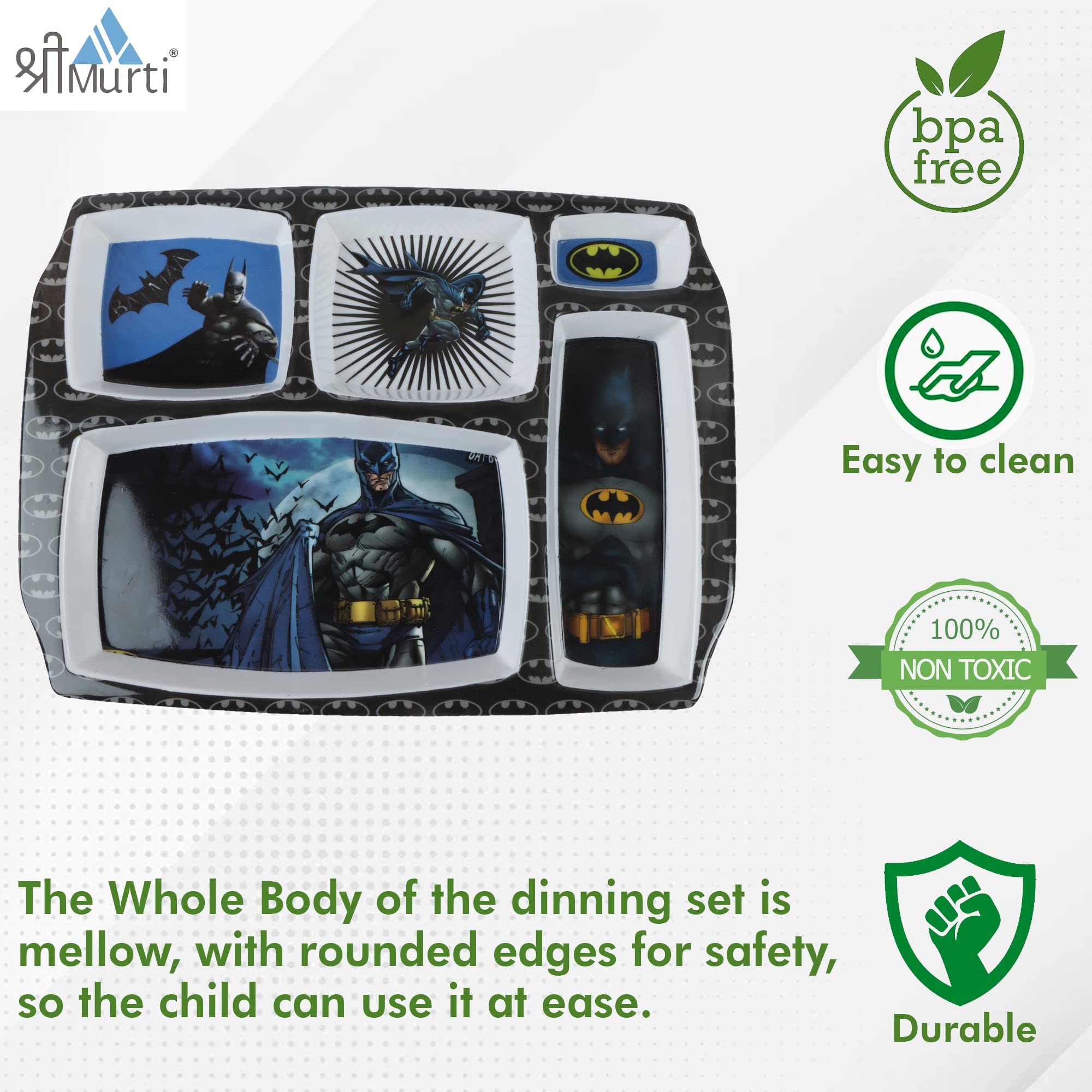 Shree Murti Melamine Rectangular Dinner Plate with 5 Sectioned Funny Cartoon Printed Plate (Batman) |Perfect Gifting for Navratr