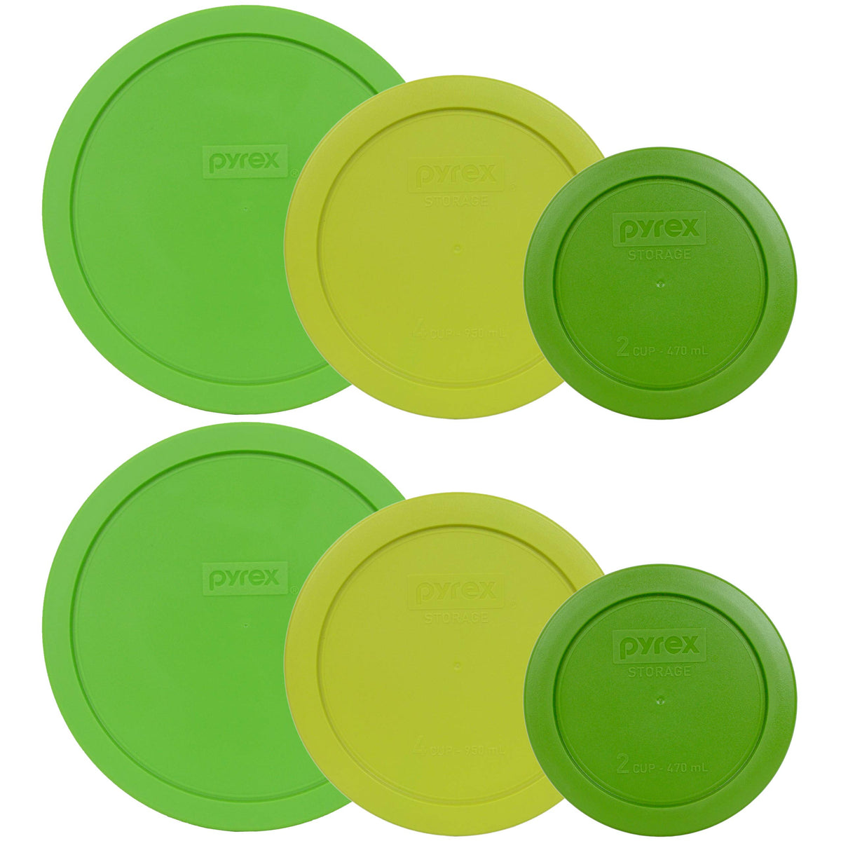 Pyrex (2) 7402-Pc Green 7 Cup, (2) 7201-Pc Edamame Green 4 Cup, & (2) 7200-Pc Lawn Green 2 Cup Plastic Storage Lids, Made In Usa