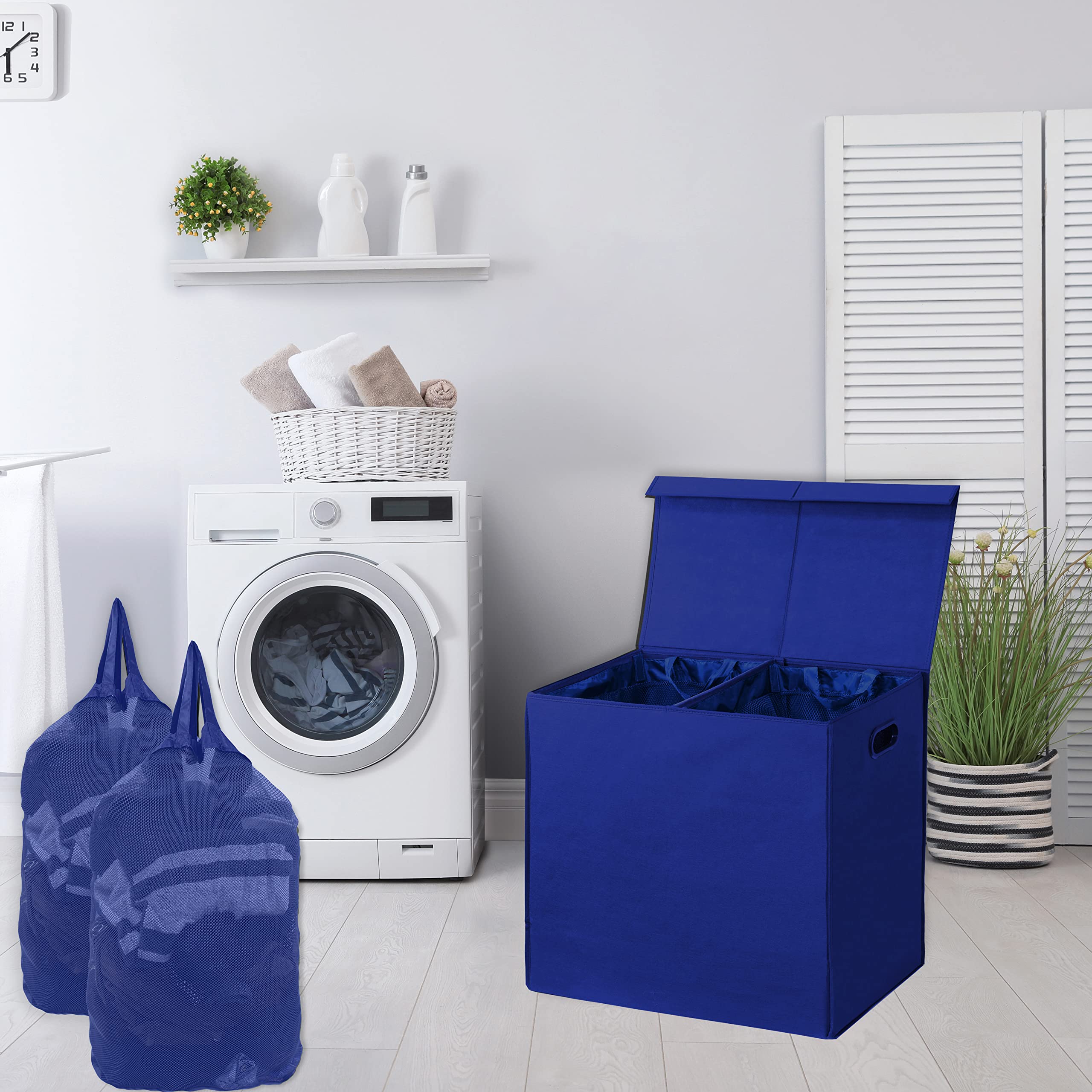 Simple Houseware Double Laundry Hamper With Lid And Removable Bags, Dark Blue