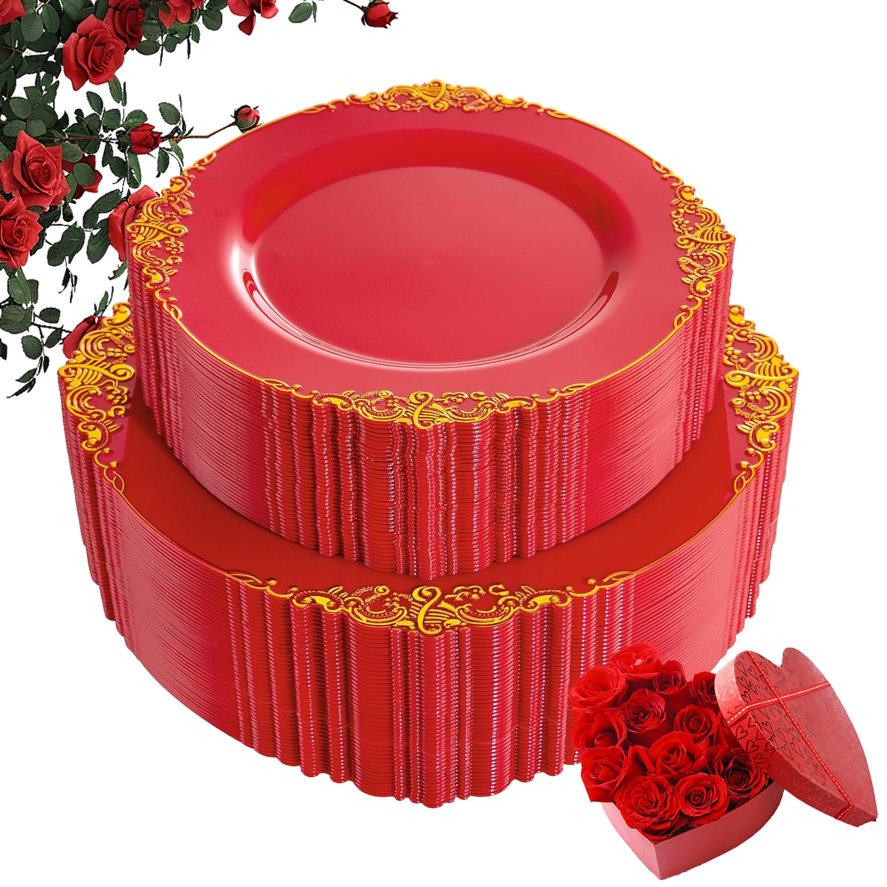 Joyido 102Pcs Red And Gold Plastic Plates - Red Plates Disposable - Red Plastic Plates With Gold Rim Include 51Pcs Dessert Plate
