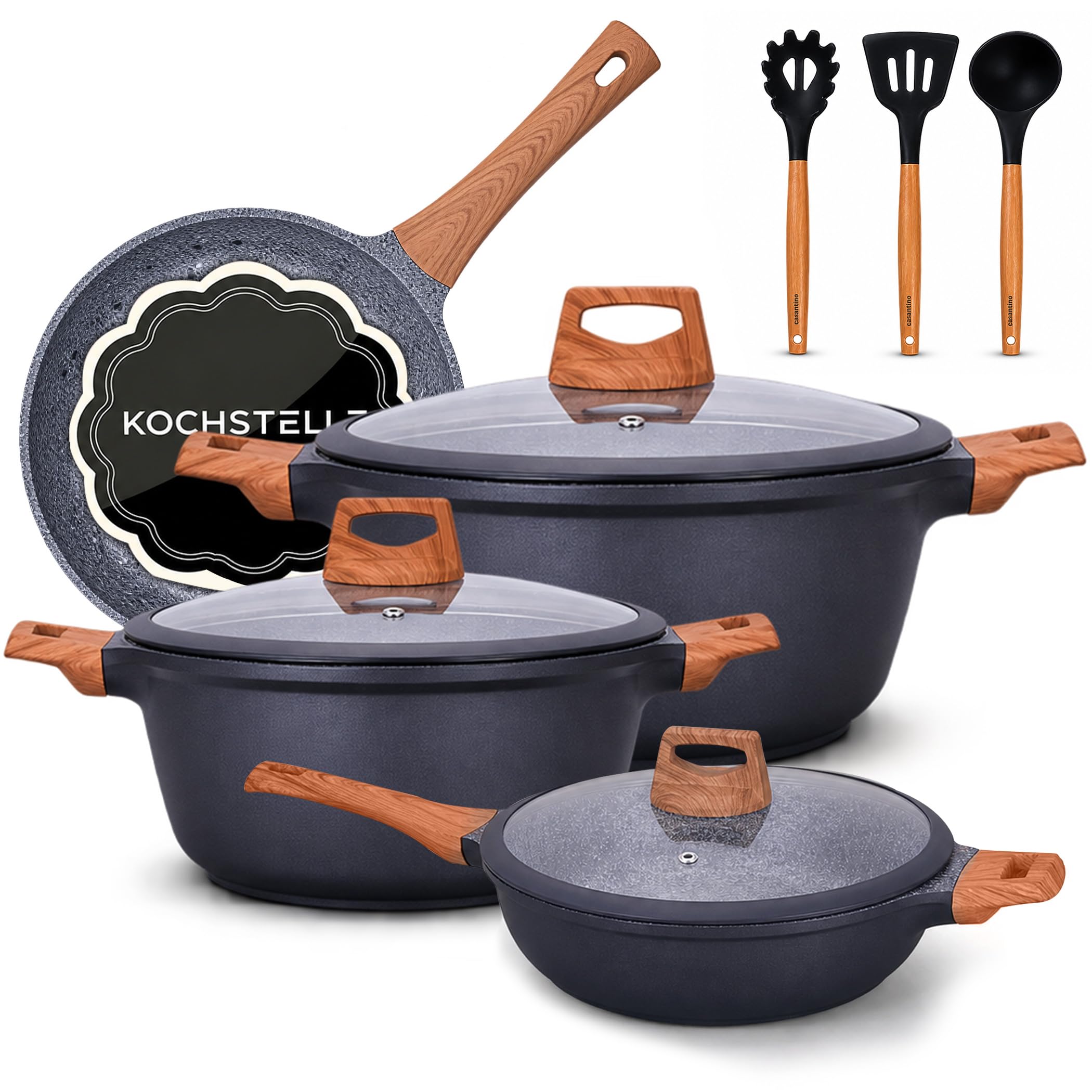 Kochstelle 10pcs Pots and Pans Set Nonstick with Wood Handles, Granite Cookware Set, Frying Pan, Saucepan and 3 Cooking Utensils