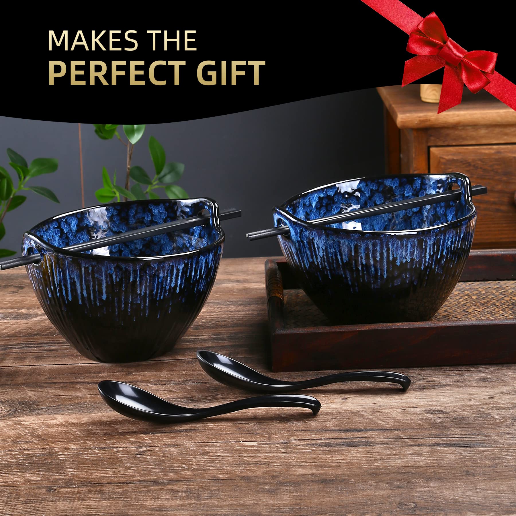 Jh Jiemei Home Ramen Bowl With Chopsticks And Spoons Set, 7 Inch Ceramic Noodle Bowl Set Of 2, Dishwasher Safe For Pho Udon Soba