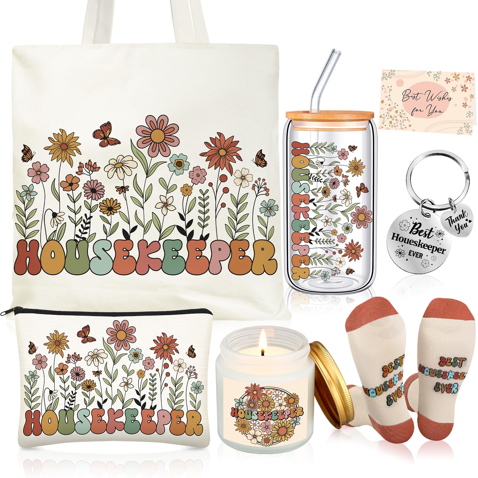 Funnymoom 6 Pcs Housekeeper Appreciation Gifts for Women Thank You Gift Set with with 17 oz Glass Cup Canvas Tote Makeup Bag Bir