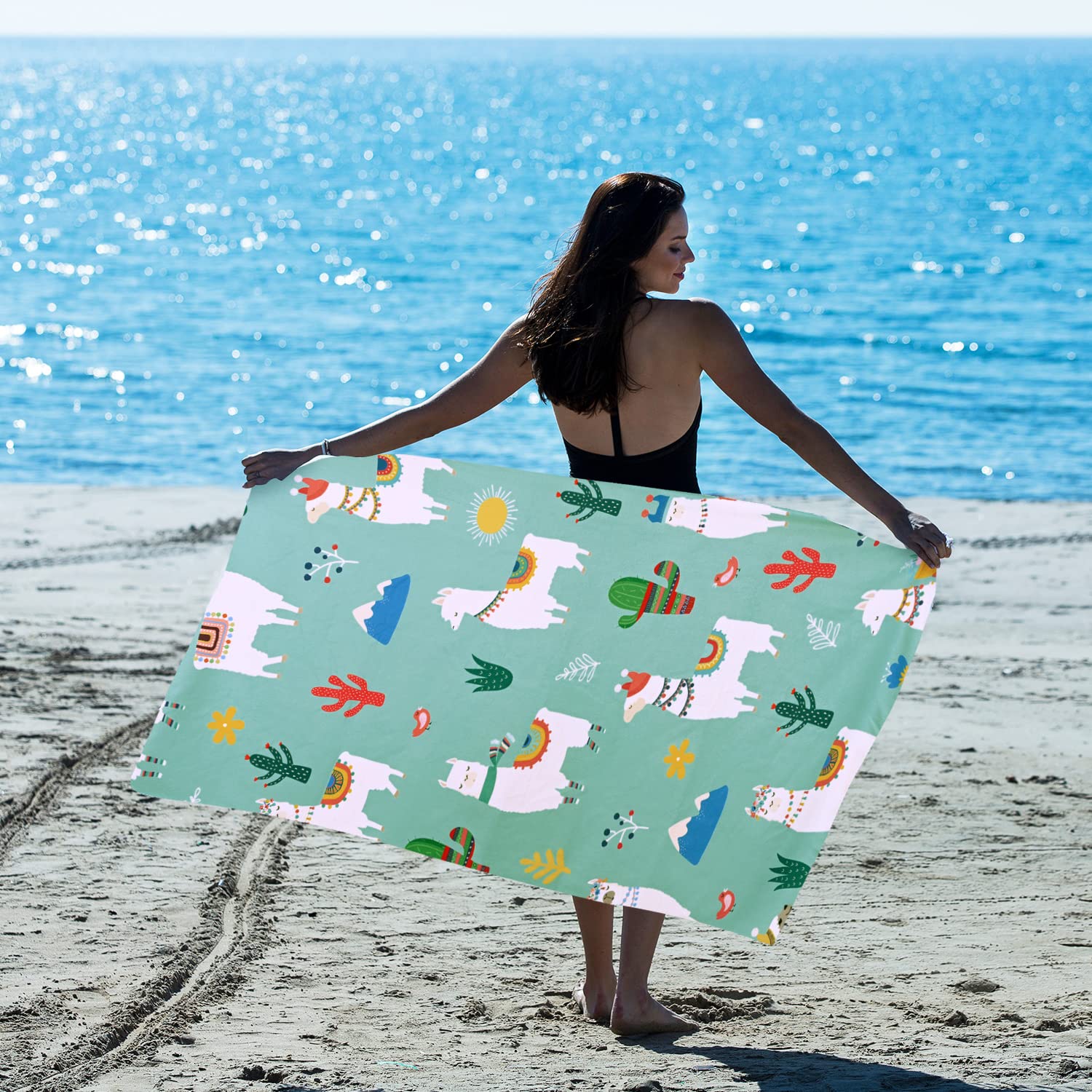 Livilan Llama Alpaca Cactus Beach Towels, Microfiber Bath Swim Pool Beach Towel, Quick Dry And Sand Free Oversized Towel 60.00''