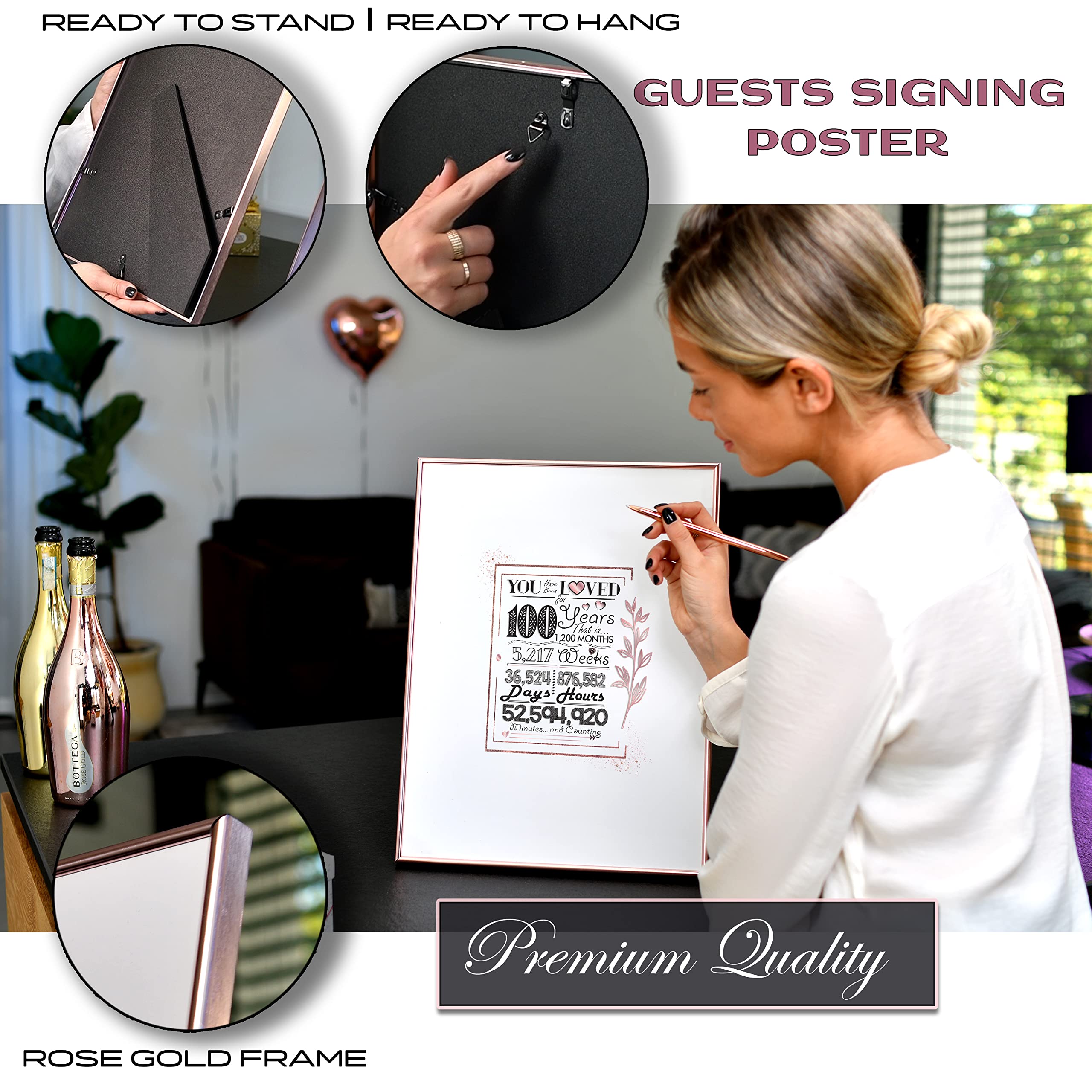 Doubleshoot Rose Gold100Th Birthday Decorations For Womens - 100 Birthday Gifts For Her 12''X16'' Guest Book Sign Poster - Frame