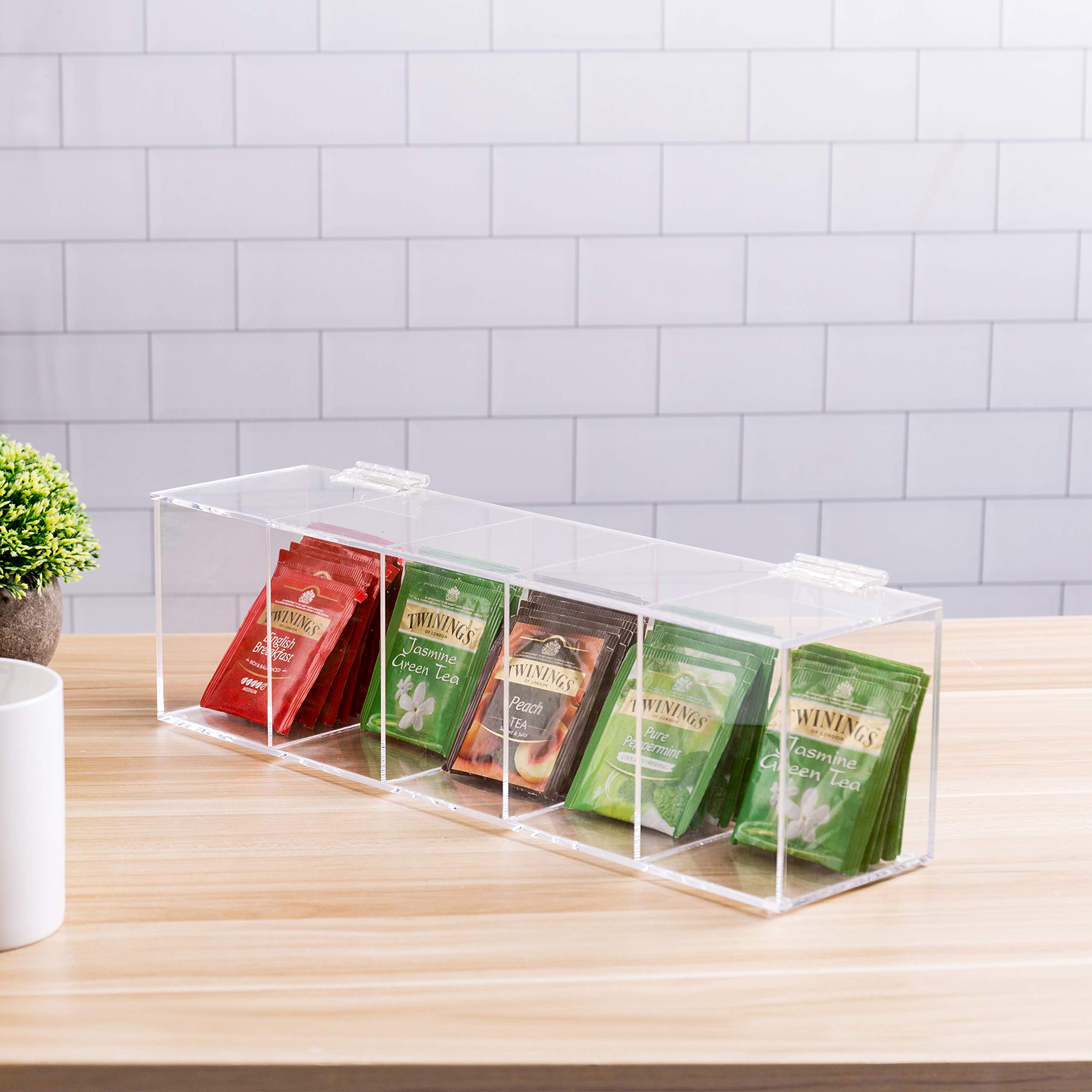 Mygift Modern Clear Premium Acrylic Tea Bag Organizer Box With 5 Compartments And Hinged Lid, Kitchen Countertop Storage Caddy F