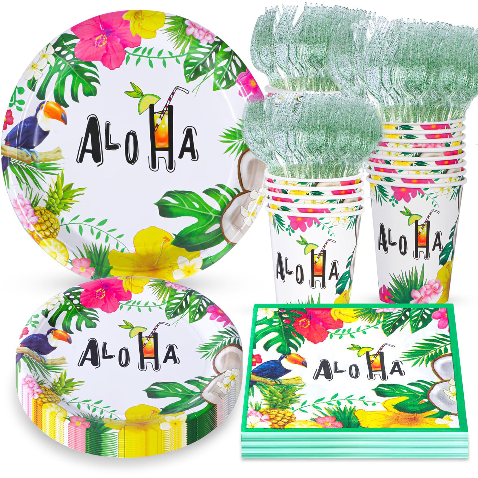 Atonofun Hawaiian Luau Party Supplies  Disposable Hawaiian Plates and Napkins Set  Aloha Party Plates and Cups  Napkins and Cutlery for Hawaiian Luau Birthday Party Decorations Serves 24