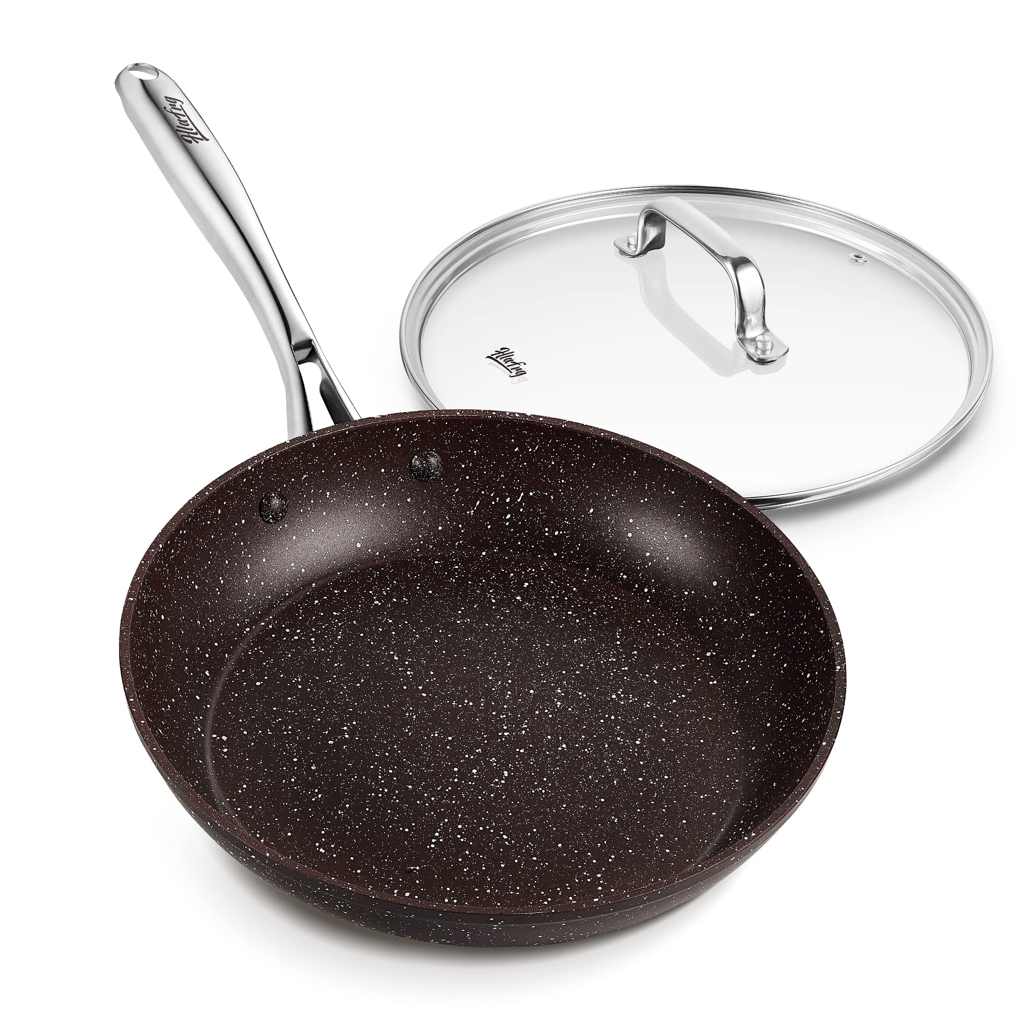 Hlafrg 12 Inch Nonstick Frying Pan With Lid, Brown Marble Skillet With Stone-Derived Coating, Apeo & Pfoa Free, With Heat-Resist