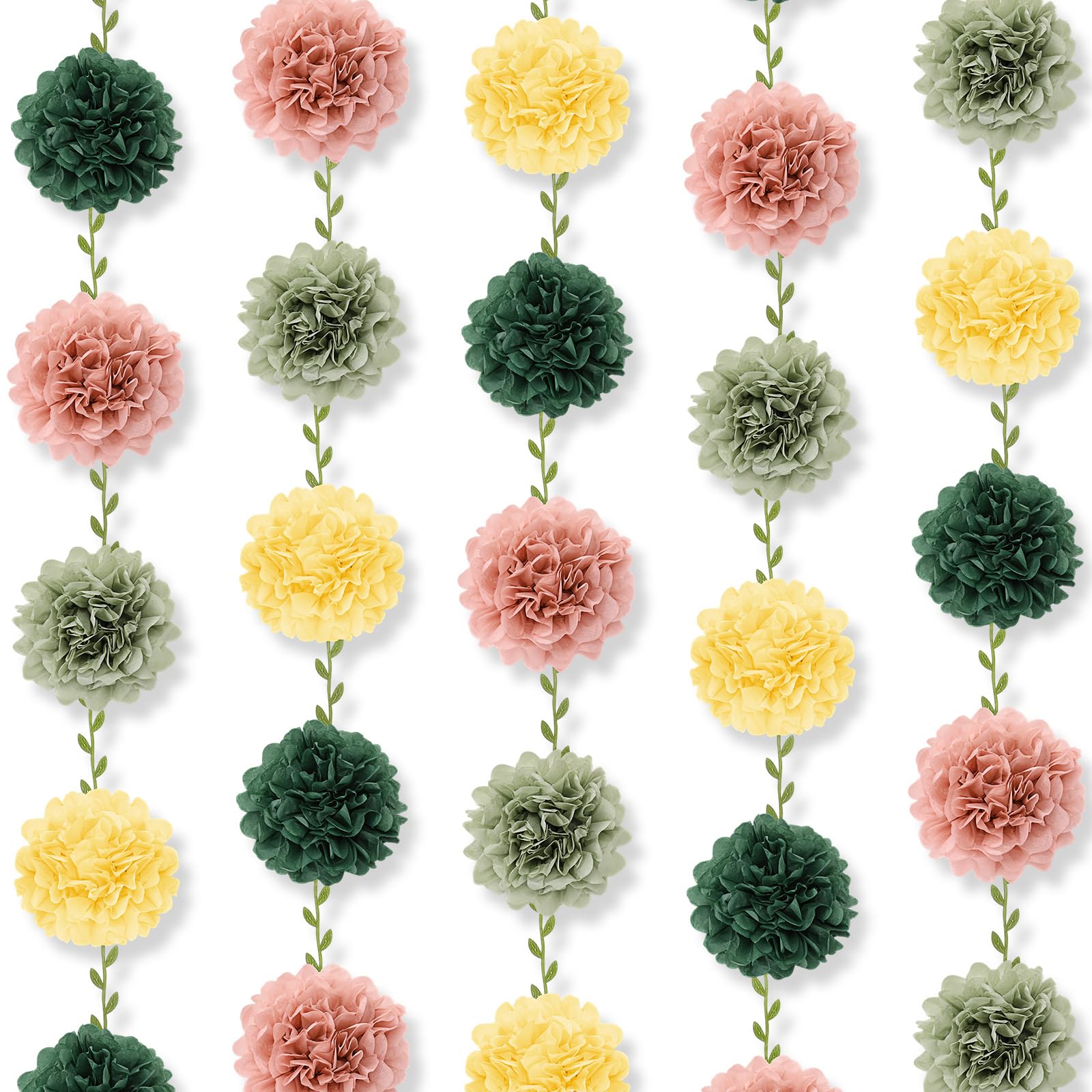 Outus Sage Green and Pink Tissue Paper Pom Pom Garlands Hanging Streamers DIY 98.4 ft Artificial Vine Leaves and 36 Pcs Paper Fl