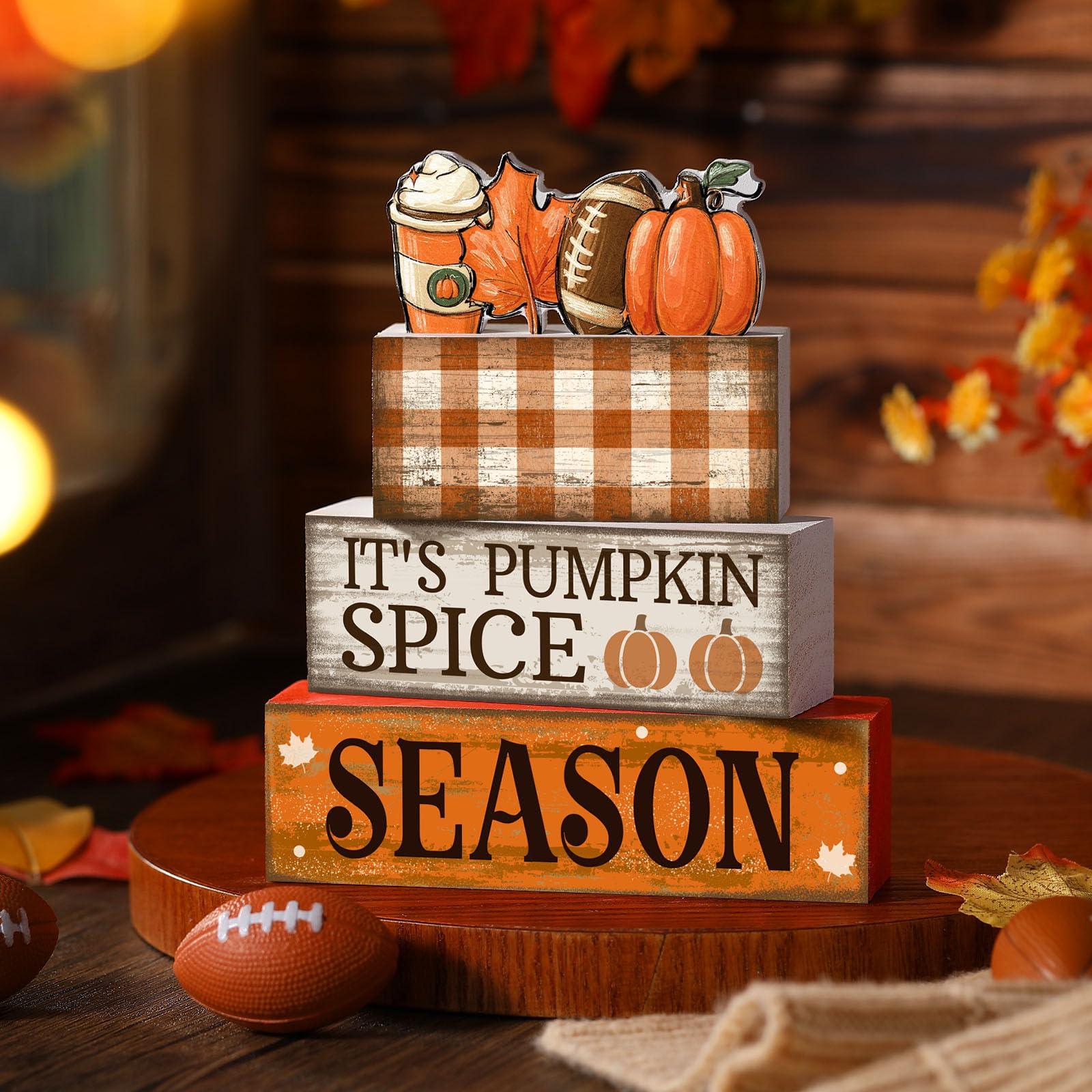 Lineshading 4 Pcs Fall Football Decorations for Home Thanksgiving Table Decor Fall Tiered Tray Decor Decorative Football Maple L