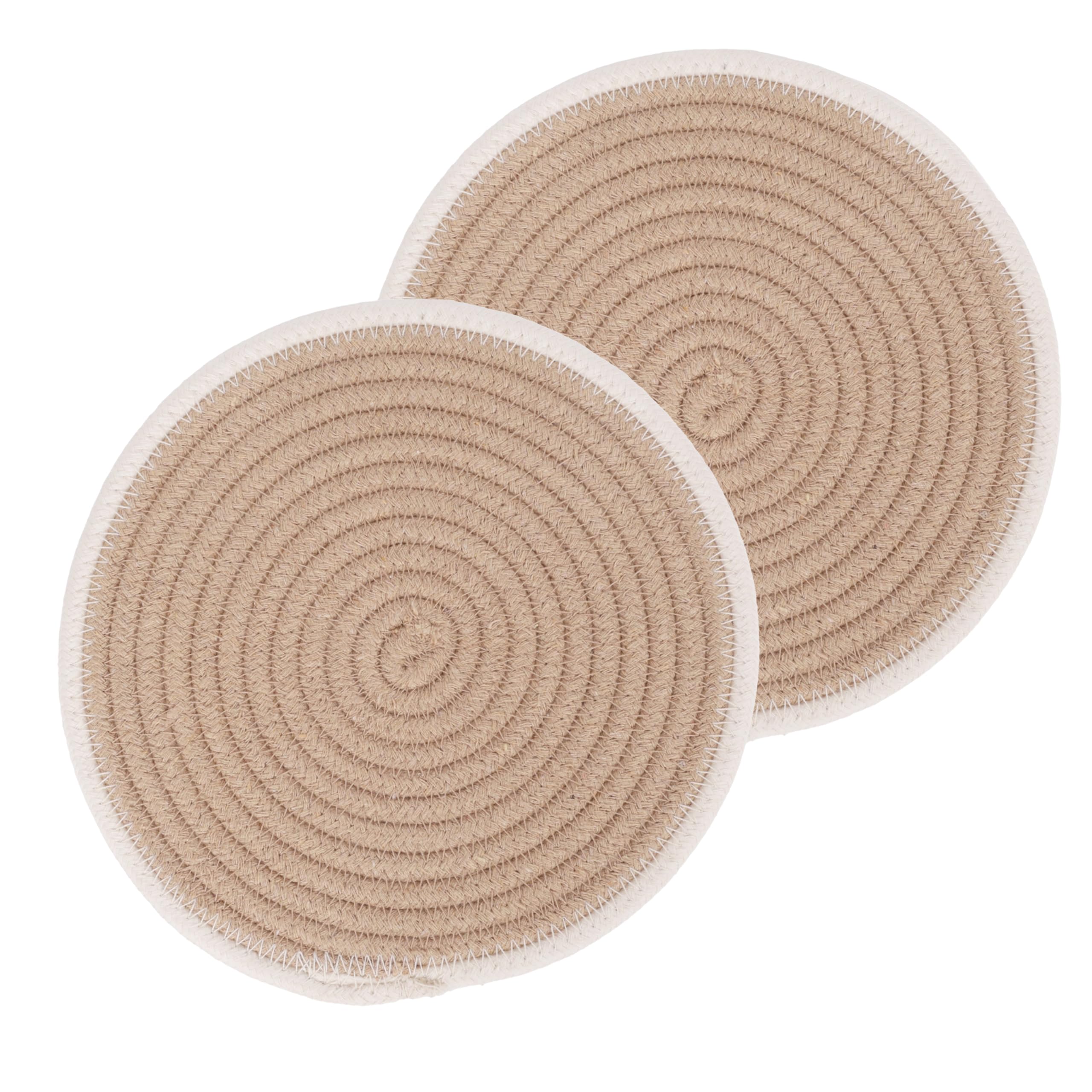 Denova Handcrafted Cotton Rope Trivet Set For Hot Pots And Pans | Heat-Resistant Round Table Protector 23 Cm | Cream & Blue Edge