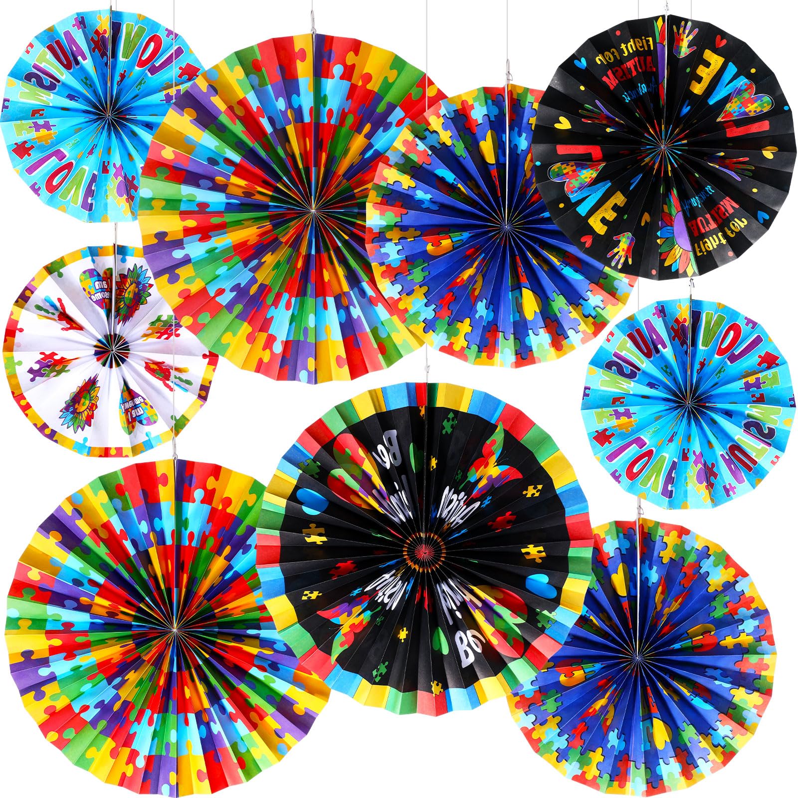 Outus 9 Pcs Autism Awareness Hanging Decorations Paper Fans Colorful Puzzle Piece Classroom Decorations for April Autism Awarene