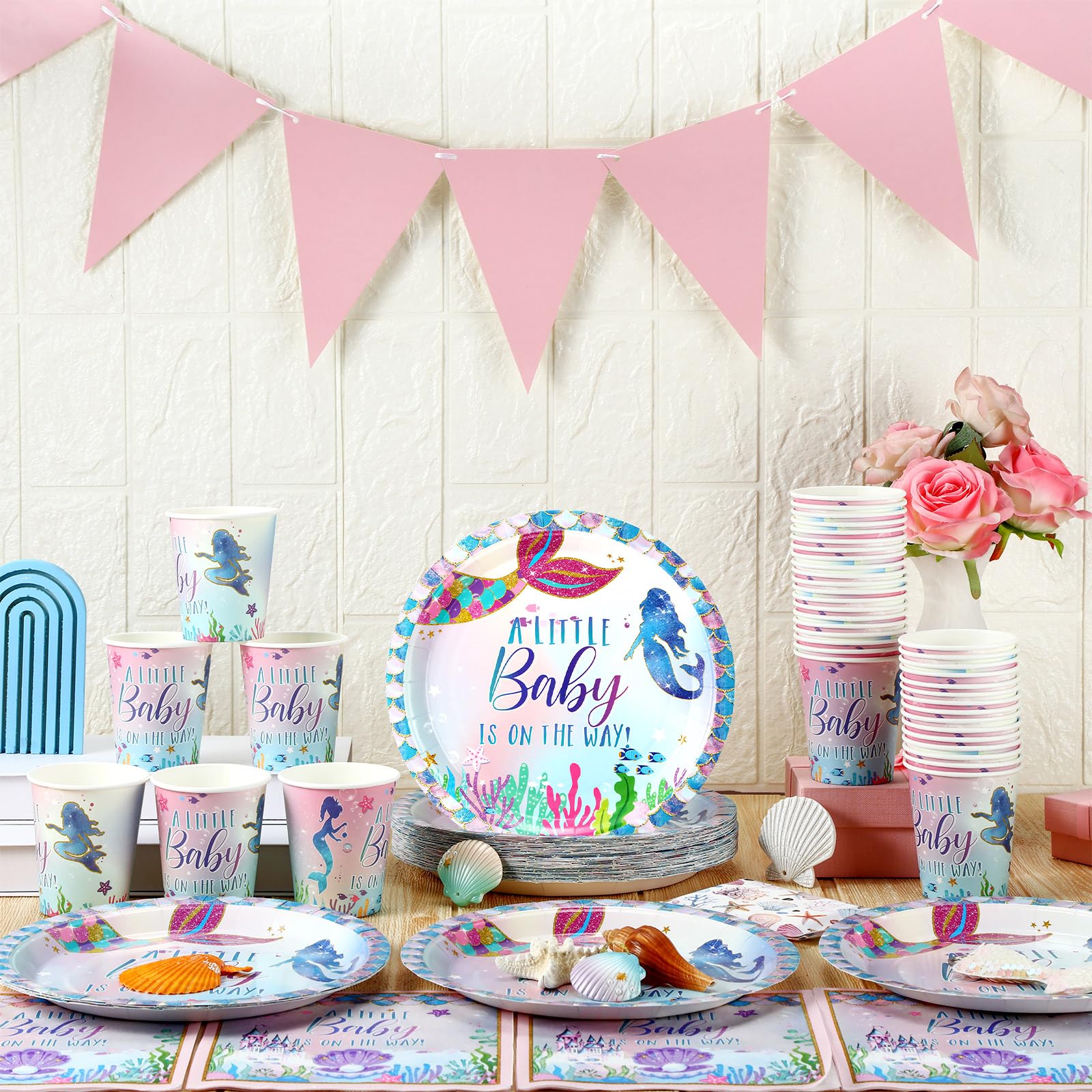 200 Pcs Mermaid Baby Shower Paper Plates Napkins Cups Under The Sea Baby Shower Party Supplies Tableware Set Purple Green Dispos