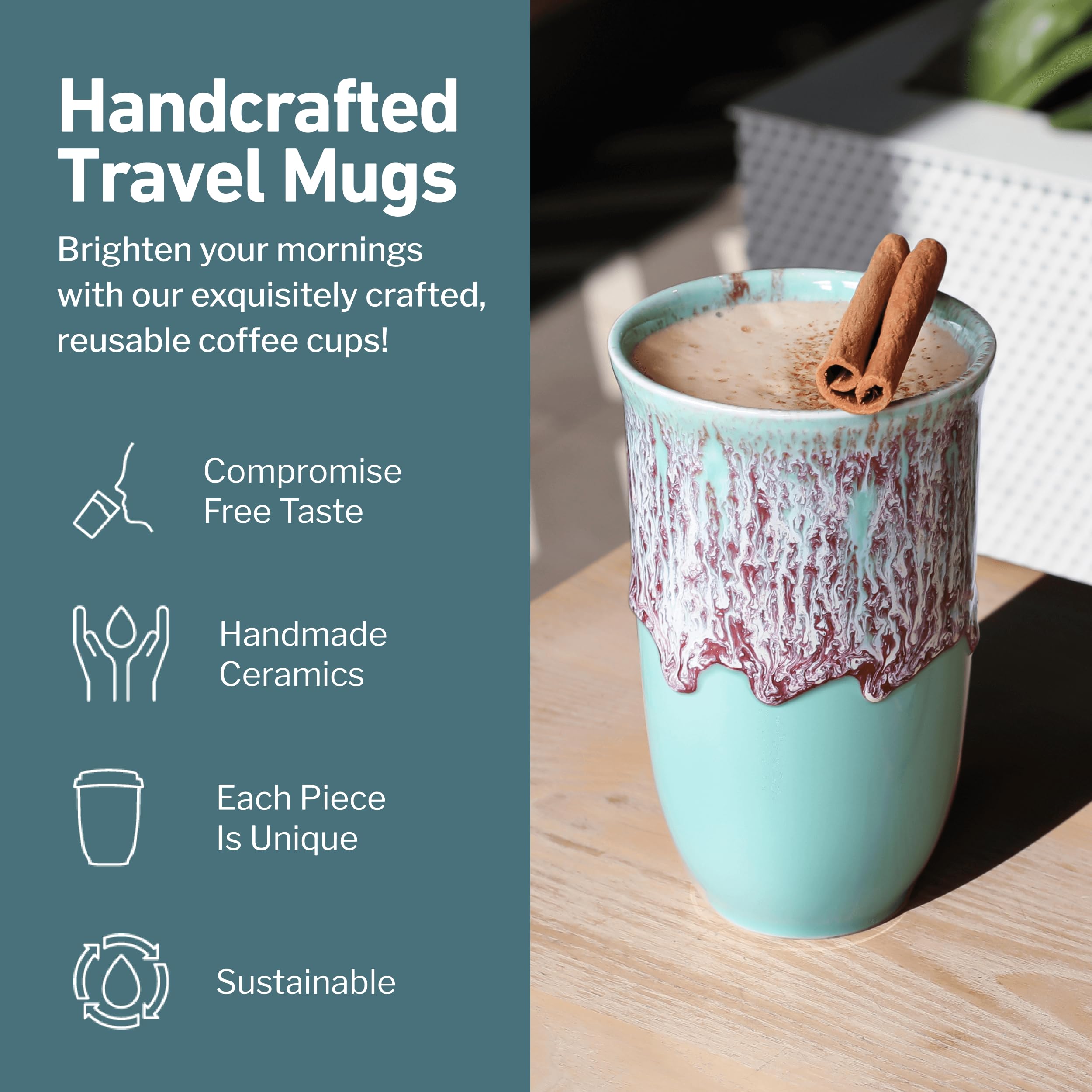 NOVA CERAMICS Travel Mug On the Go Coffee Tumbler Microwave & Dishwasher Safe Green Tumbler - Gifts For Women Men Him Her 16oz N