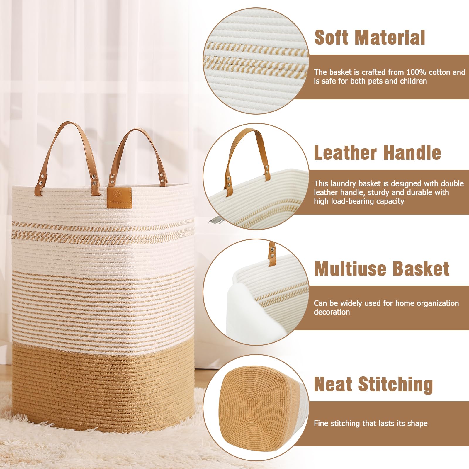 Danpinera Large Laundry Hamper - 75L Tall Woven Cotton Storage Basket With Leather Handles, Slim Dirty Clothes Hamper, Decorativ