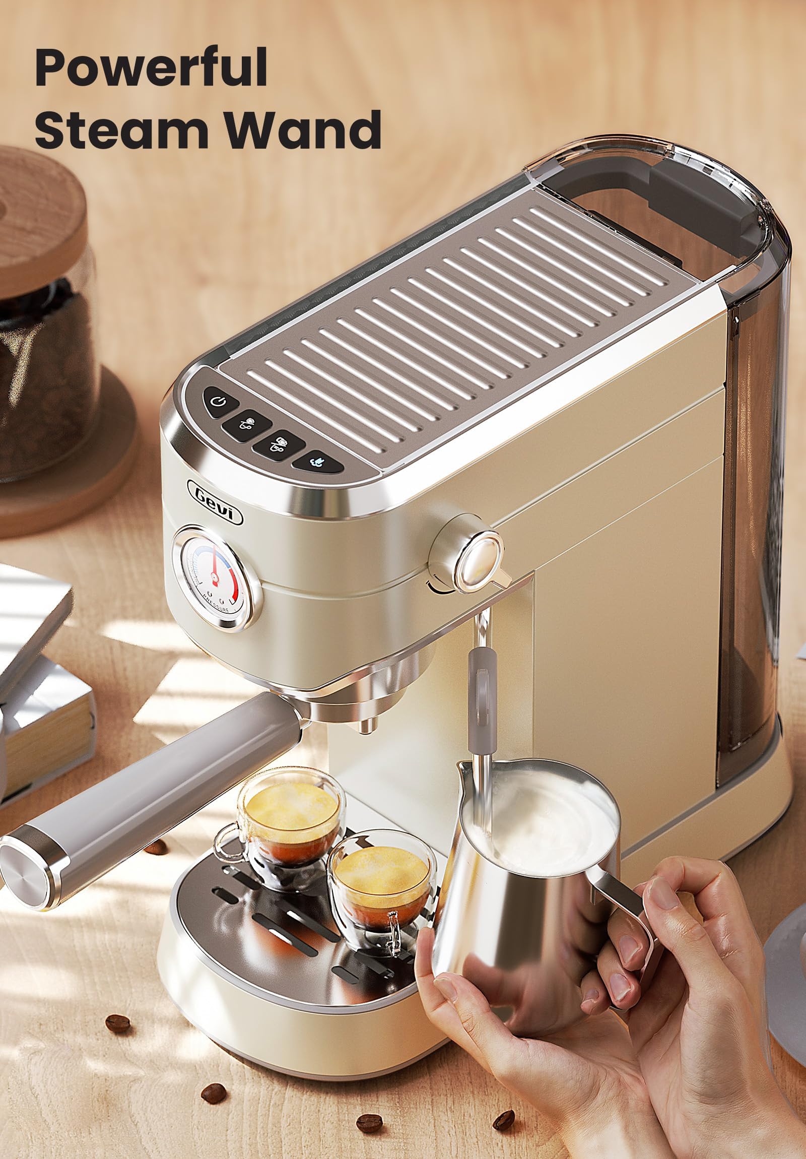 Gevi Commercial Espresso Maker - Stainless Steel Latte Machine with Milk Frother, 12.3"D x 5.5"W x 12"H, Beige, Model ECMG0-WH0A
