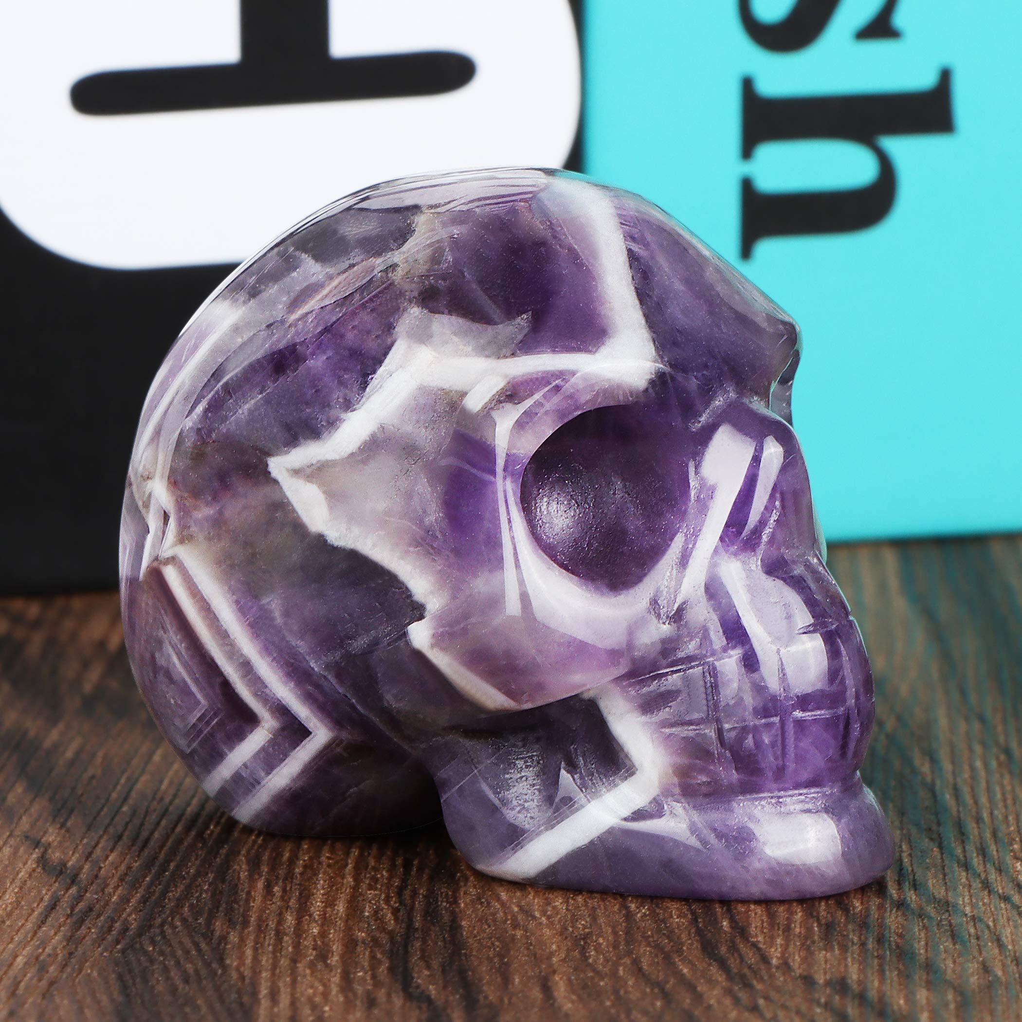 Artistone 2.0 Amethyst Crystal Skull Head Statue Halloween Home Decor Hand Carved Skull Crystal Figurine Purple Realistic Human