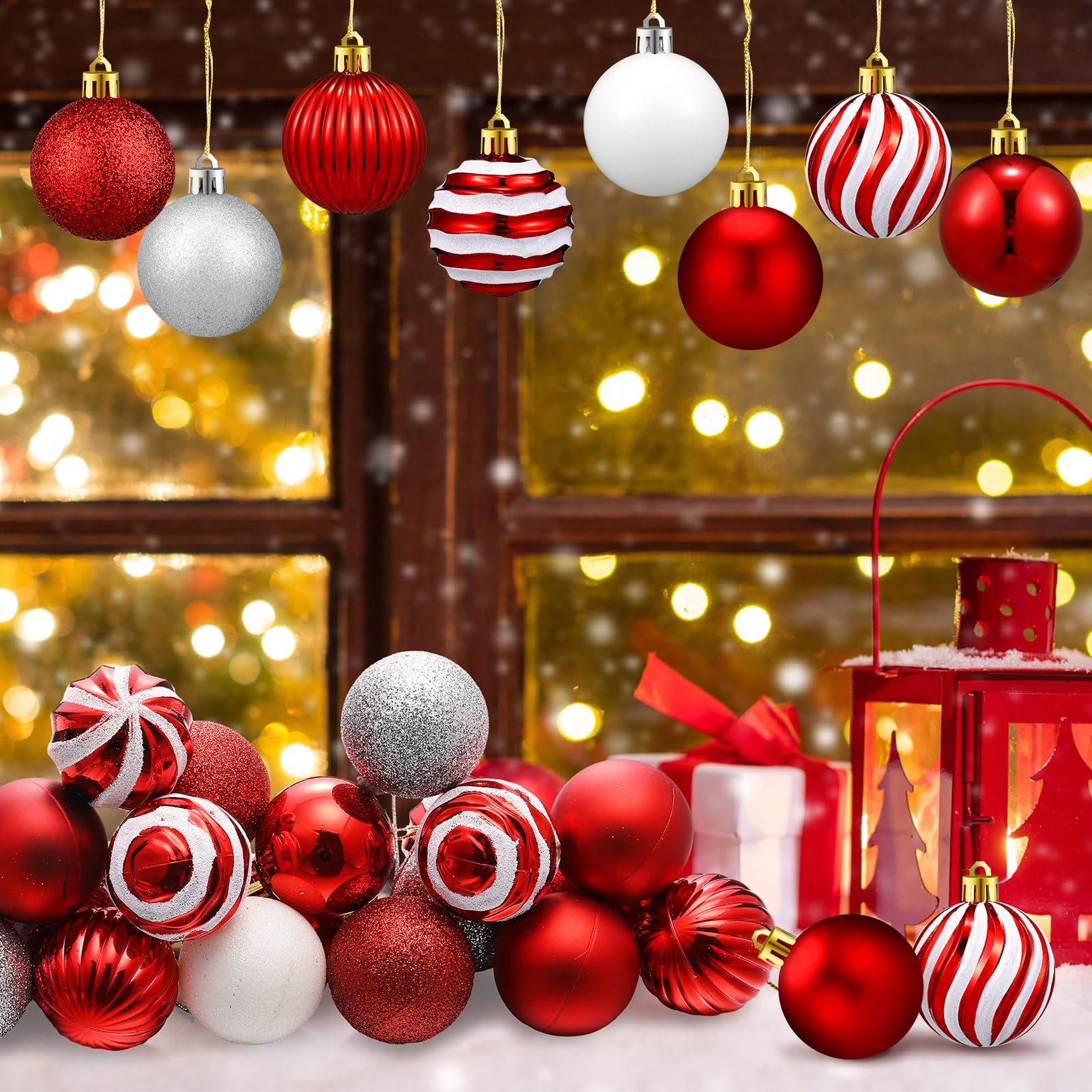 Motionchic 24 Pcs Christmas Ball Ornaments Hanging Glitter Shatterproof Mini Candy Balls Red White Plastic Christmas Tree Decora