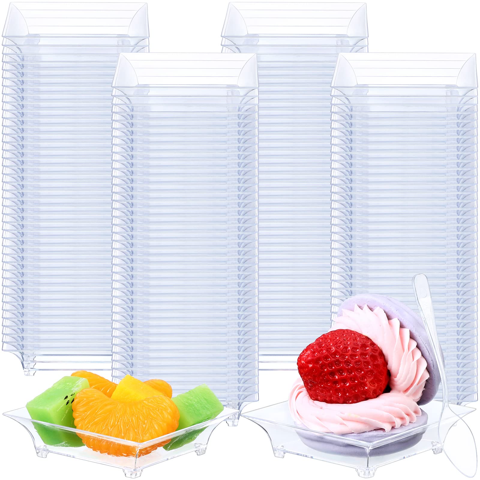 300 Pieces Mini Dessert Plates With 300 Tasting Spoons,1 Oz Clear Appetizer Plates 2.4X2.4 Inch Disposable Plastic Cake Plates F