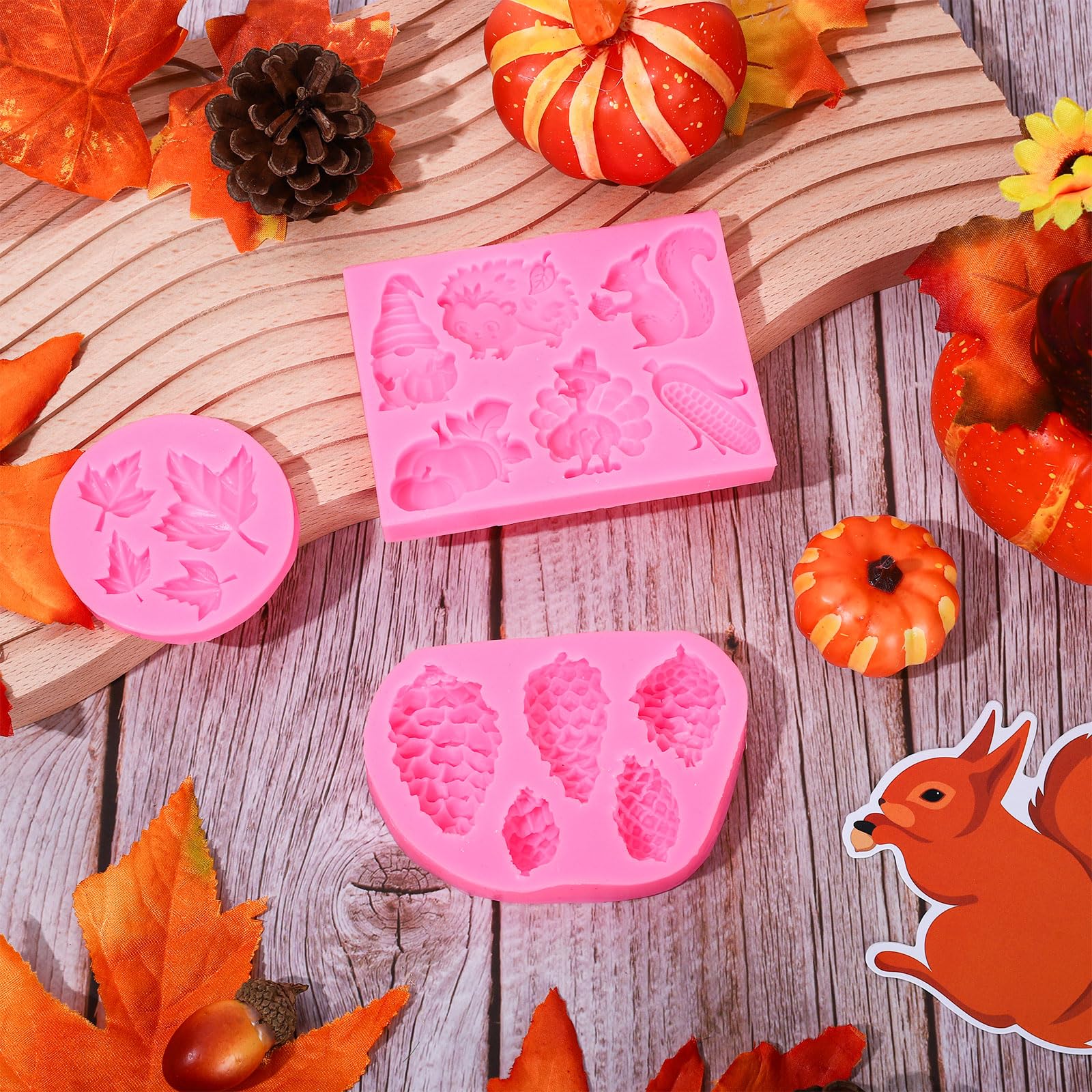 Whaline 3Pcs Fall Animals Fondant Molds Hedgehog Squirrel Turkey 3D Silicone Moulds Maple Leaf Pine Cone Pattern Resin Molds Aut