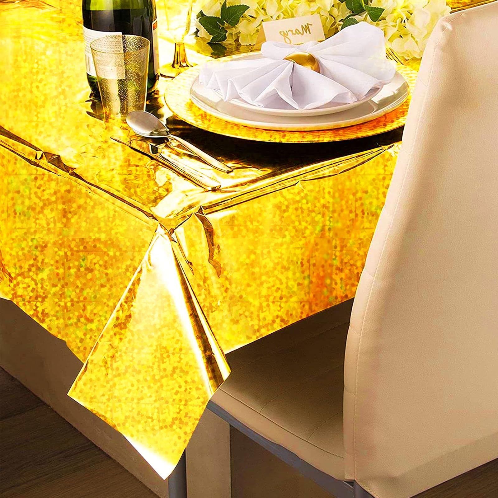 Partywoo Gold Foil Tablecloth, 3 Pack 54 X 108 Inch Iridescent Color Rectangle Tablecloth, Foil Tablecloth For 6 To 8 Foot Table