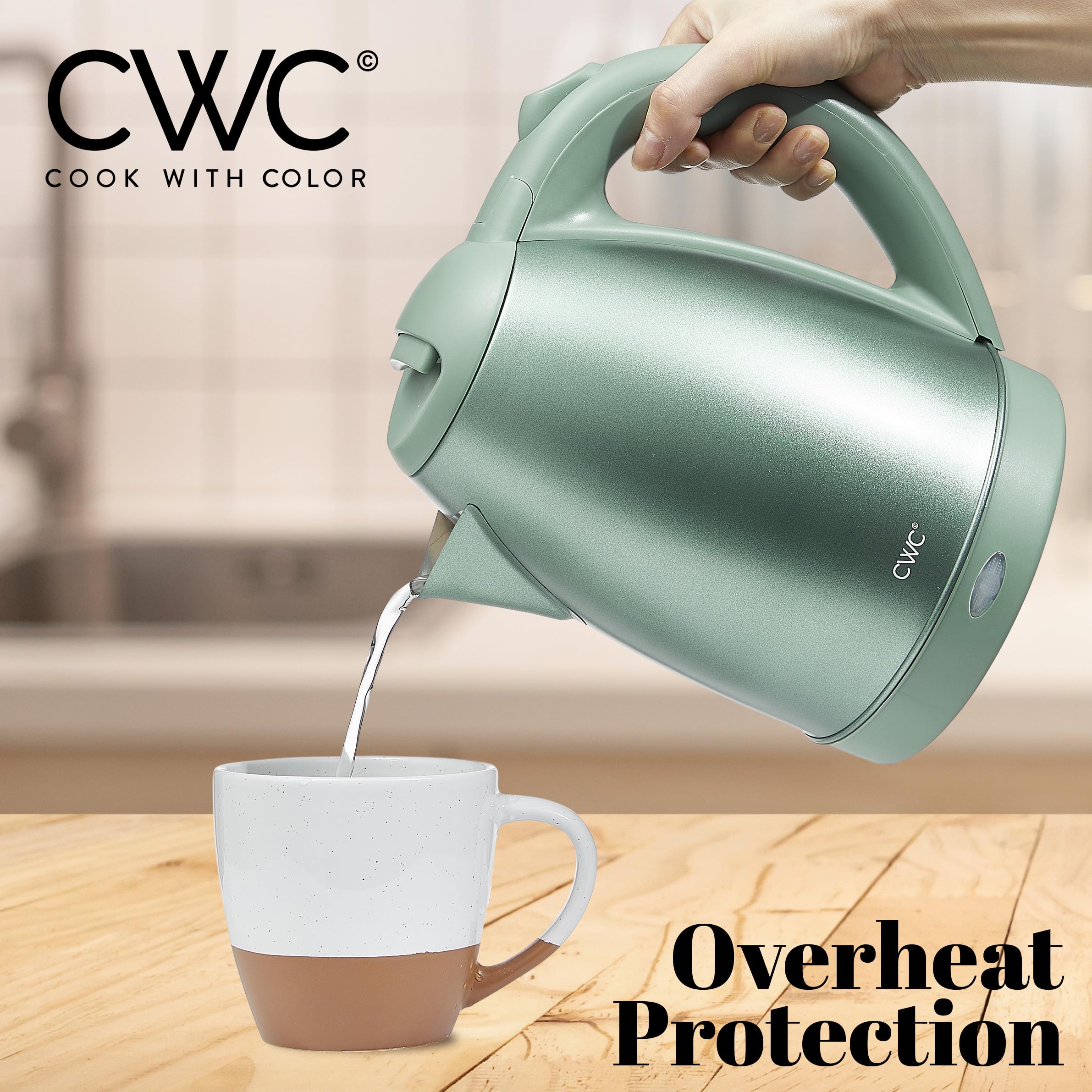 Cook With Color Electric Kettle - 1100W, 1.7L, Fast Boil, Auto Shut-Off, Swivel Base, Stainless Steel, Sage