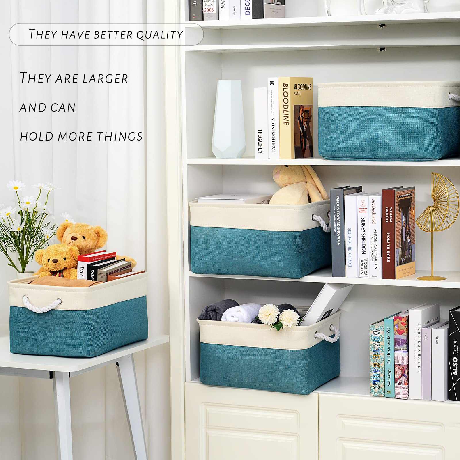 TcaFmac Storage Basket for Organizing - Large 4 Pack Fabric Storage Bins Baskets for Shelves with Ropes  Collapsible Storage Cubes for Closet Cloth Toy Organizer(White & Green16x12x8 inch)