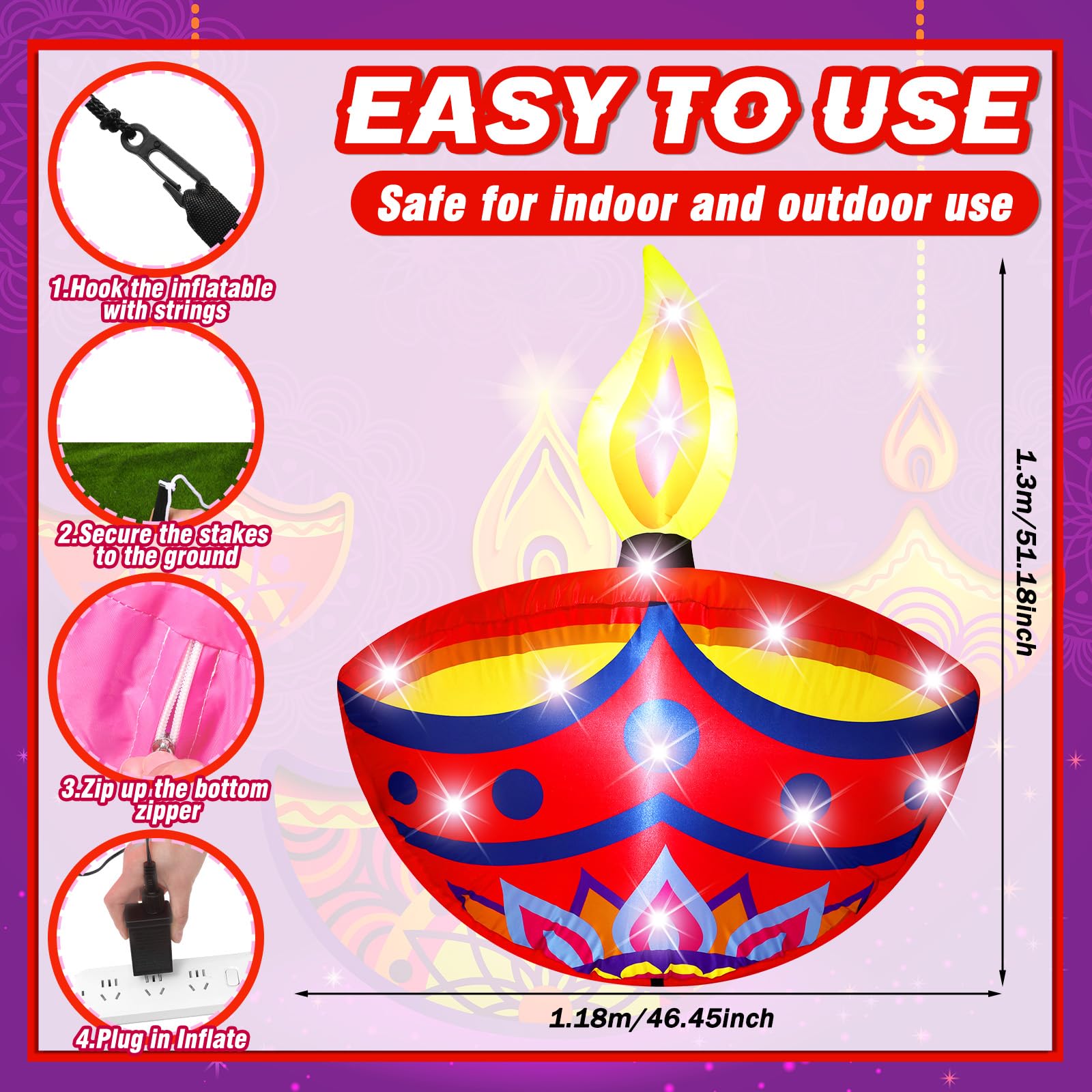 VIHOSE 4.27 ft Happy Diwali Inflatables Outdoor Decorations Diyas Oil Lamp Blow up Yard Decor Tea Light Style Indian Diwali with