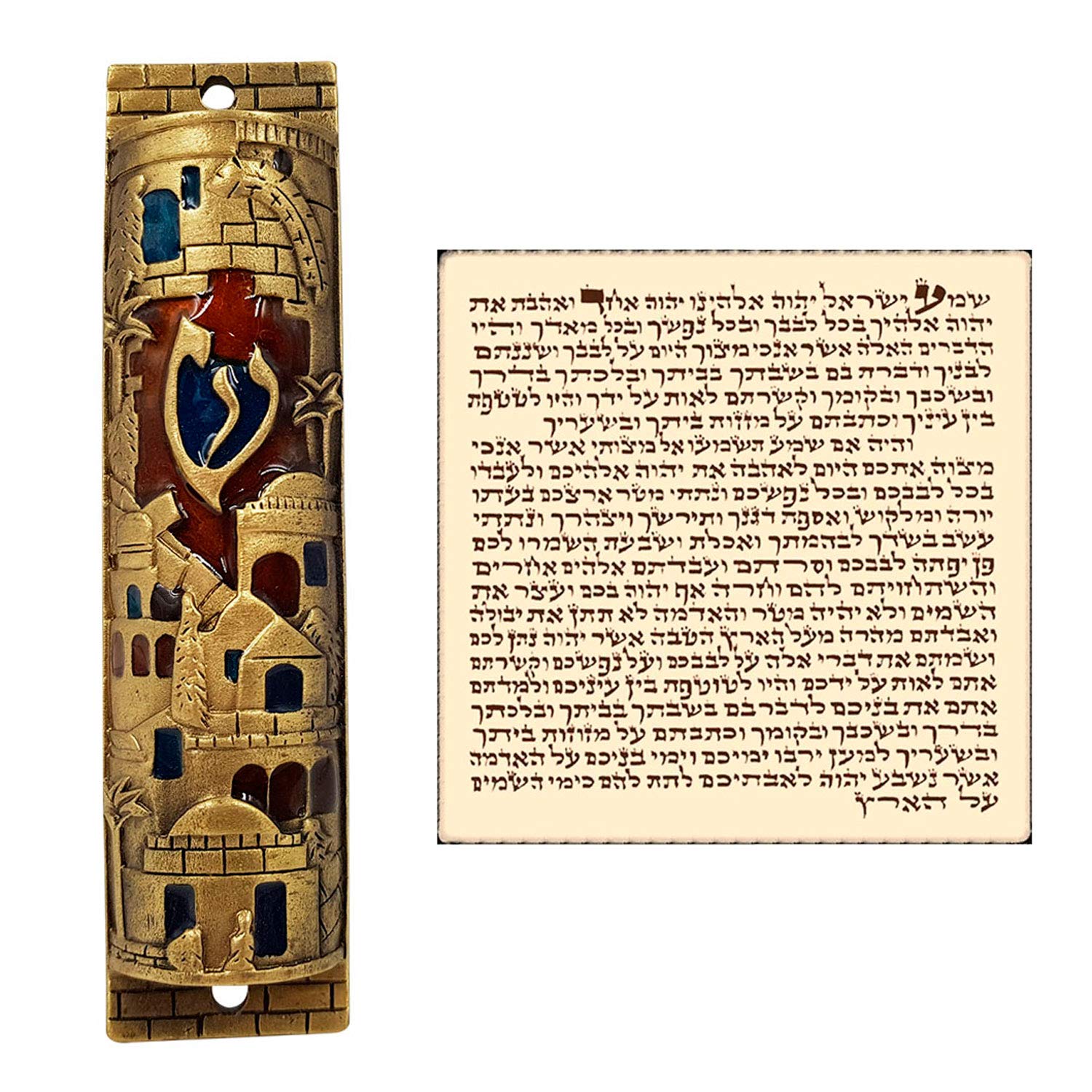 TALISMAN4U Gold Enamel Jewish MEZUZAH CASE with Scroll Jerusalem Israel Judaica Door Mezuza 4