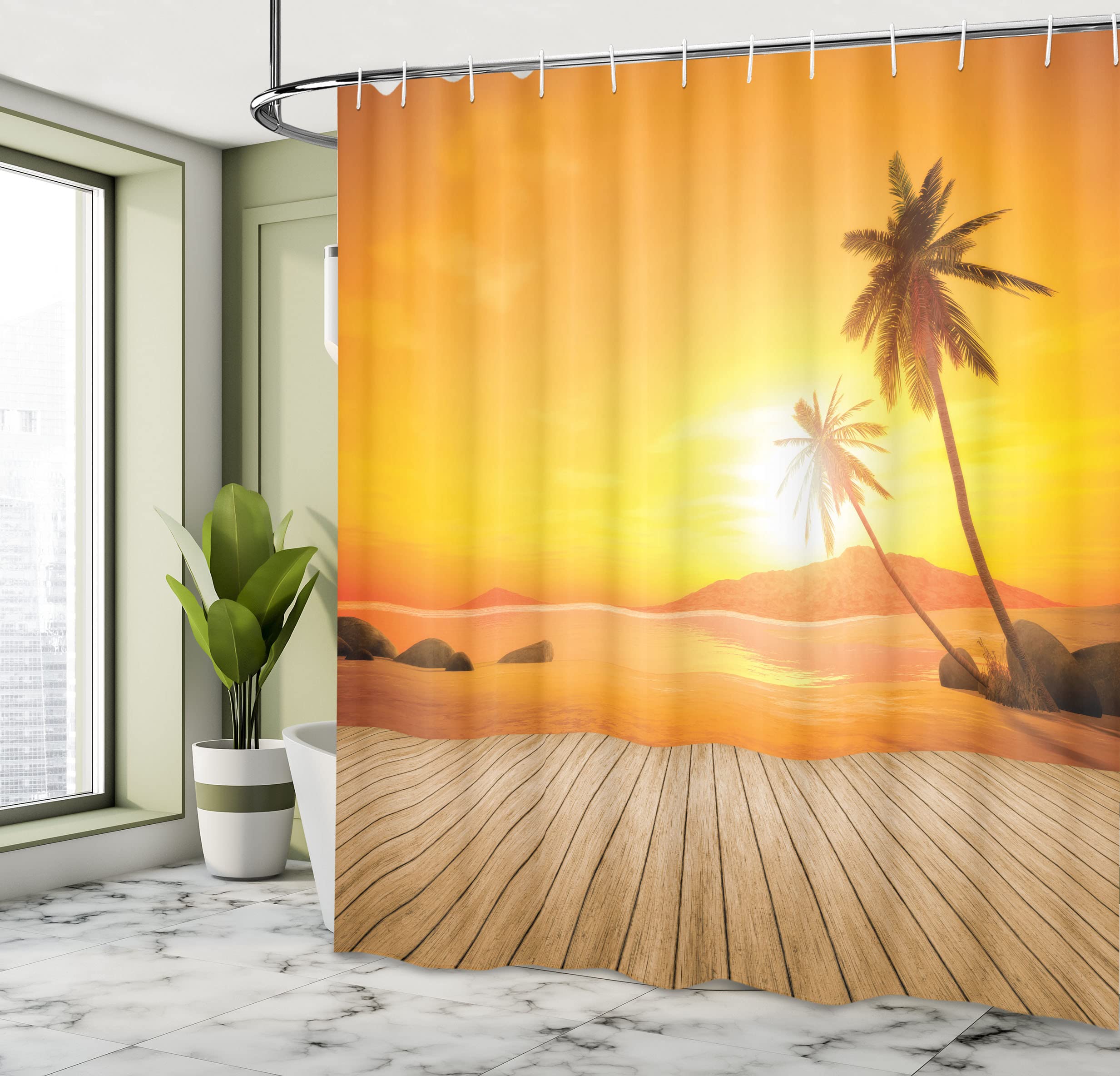 Ambesonne Ocean Shower Curtain, Sunset Over The Ocean With Palm Tree And Wooden Deck Horizon View Image Tropical, Cloth Fabric B